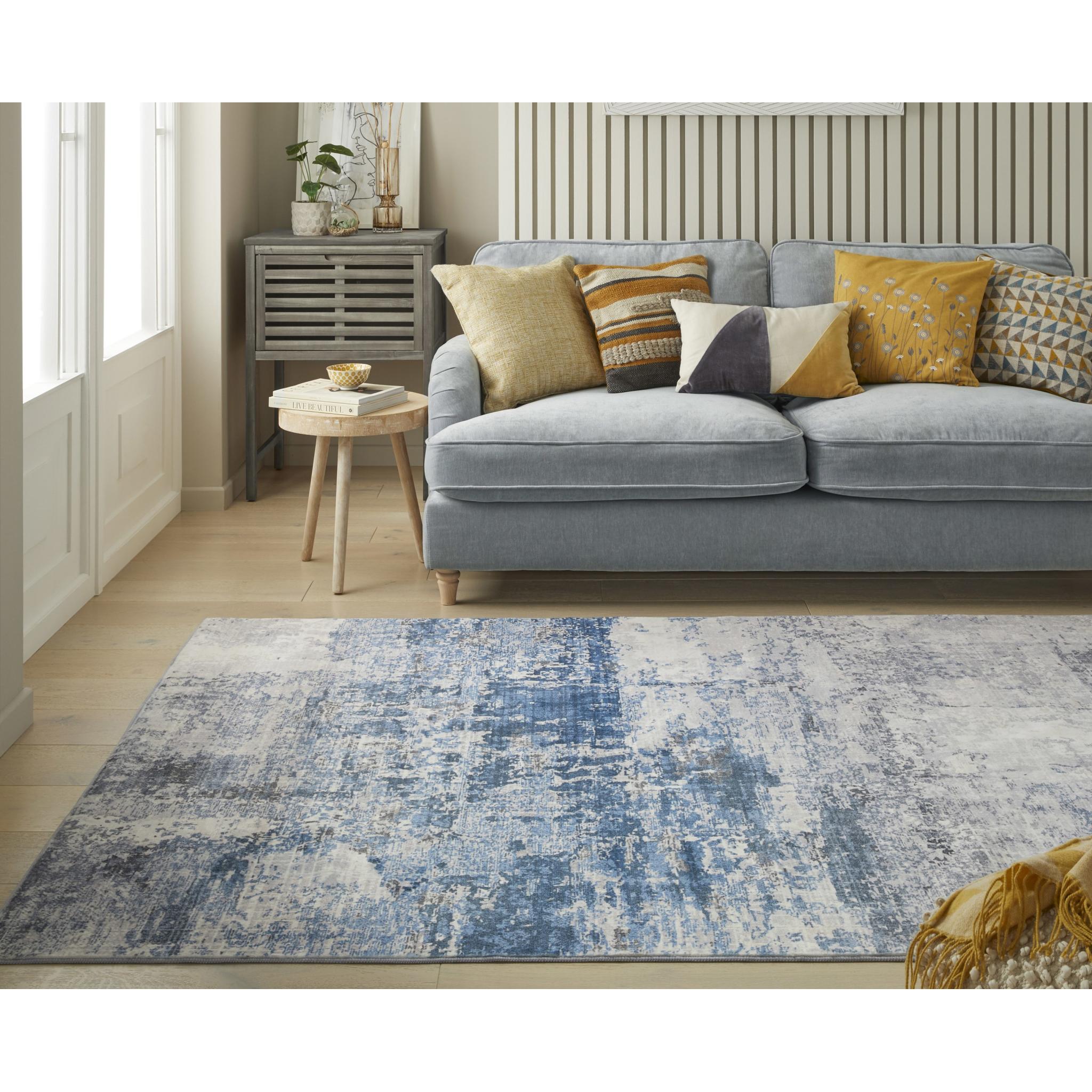 Lux Washable LUX07 Modern Abstract Non-Slip Machine Washable Rug in Ivory Blue Medium 120x180 cm (4'x6')