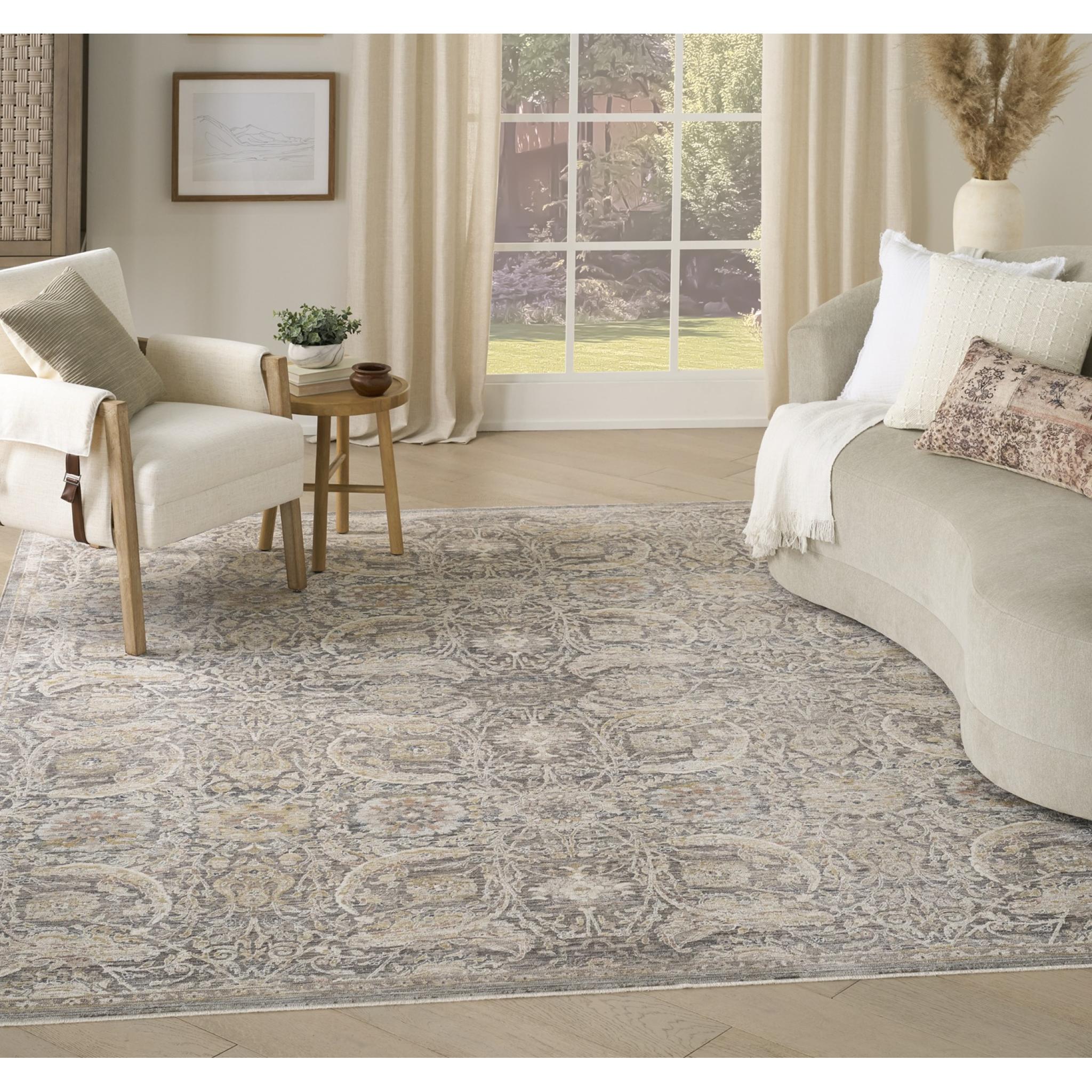 Antique Fusion ANF03 Traditional Abstract Fringed Bordered Charcoal Grey Multi Rug Large 160x239 cm (5'3"x7'10")