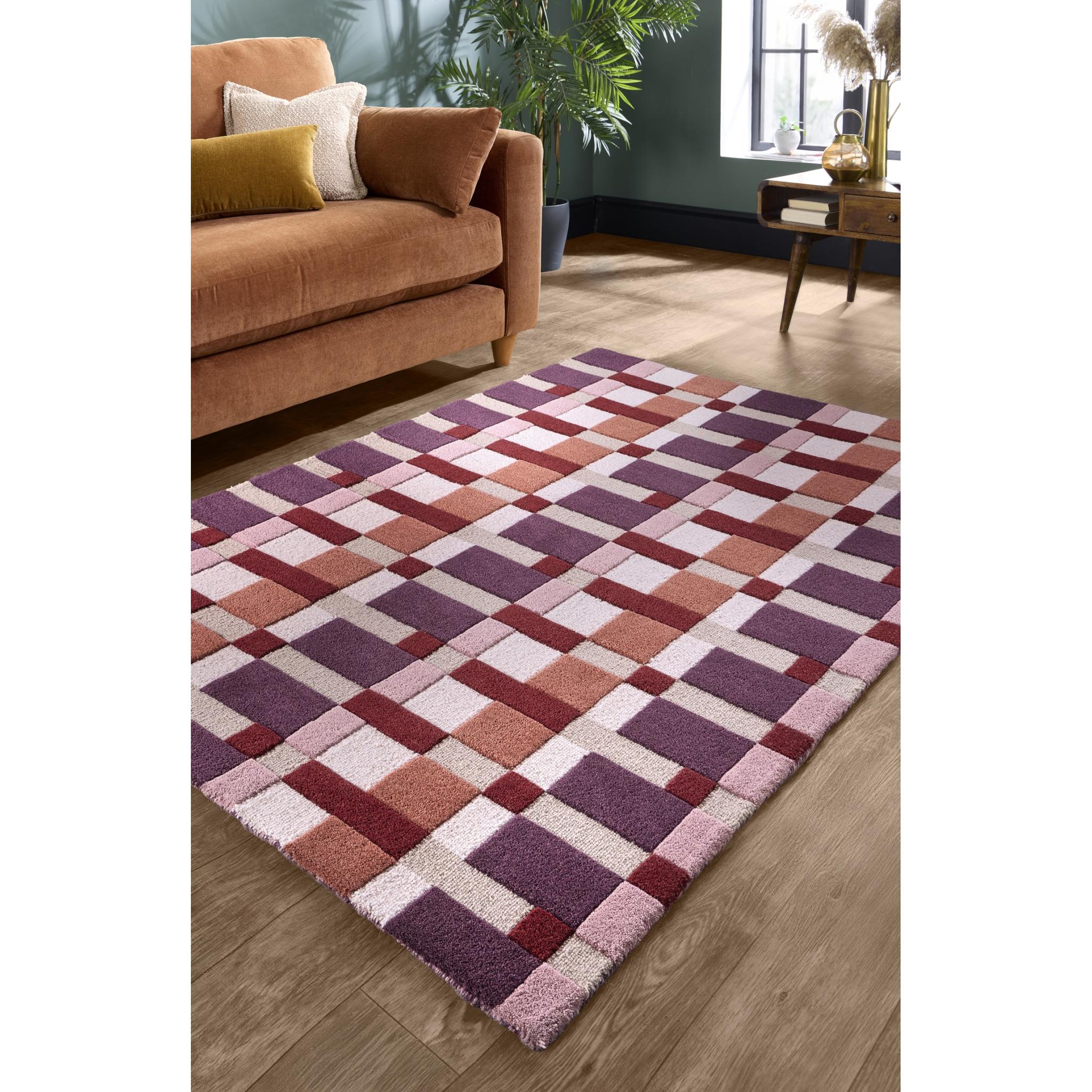 Sienna Weave Rug Modern Geometric Hand-Carved Soft 100% Wool Area Rug in Purple Ivory Rust Terracotta Medium 120x170 cm (4'x5'6")
