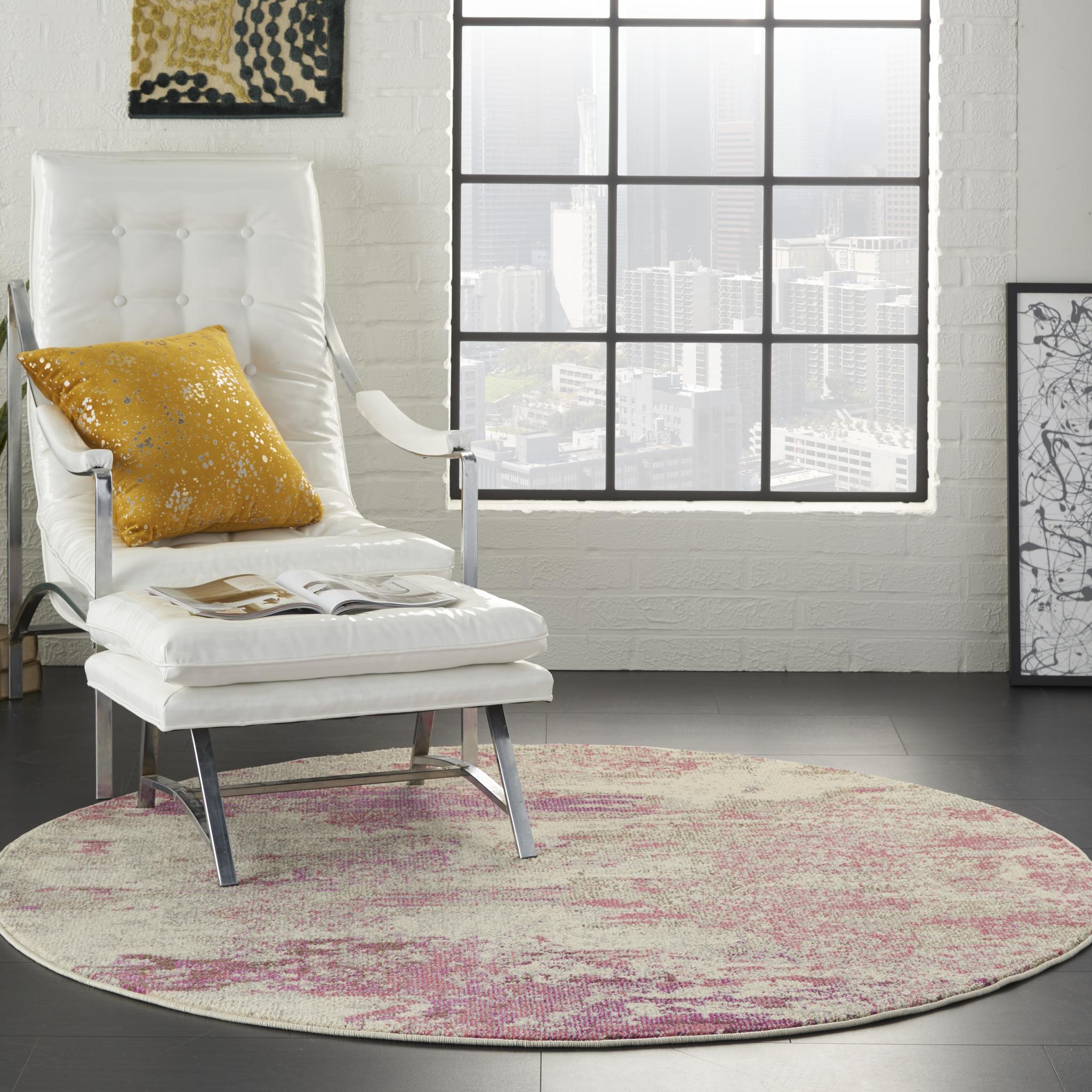 Celestial CES02 Modern Abstract Ivory Pink Rug by Nourison Round 122x122 cm (4'x4')