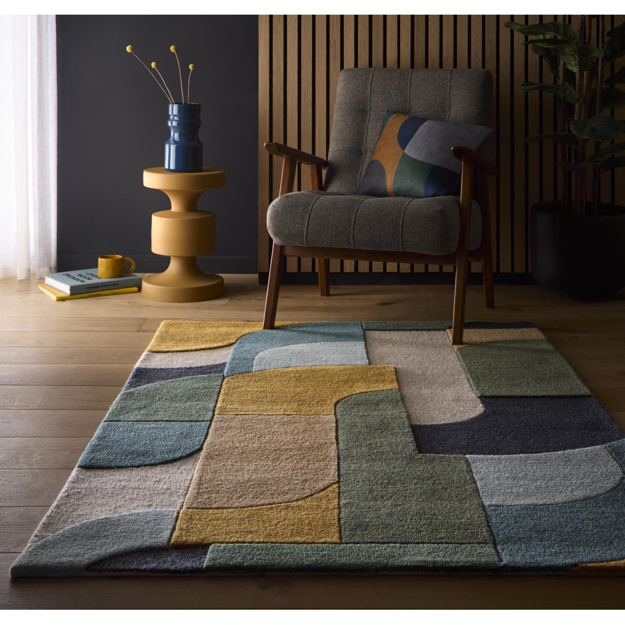 Retro Decor Wool Hand Tufted Carved Rug in Blue Multi Coloured Medium 120x170 cm (4'x5'6")