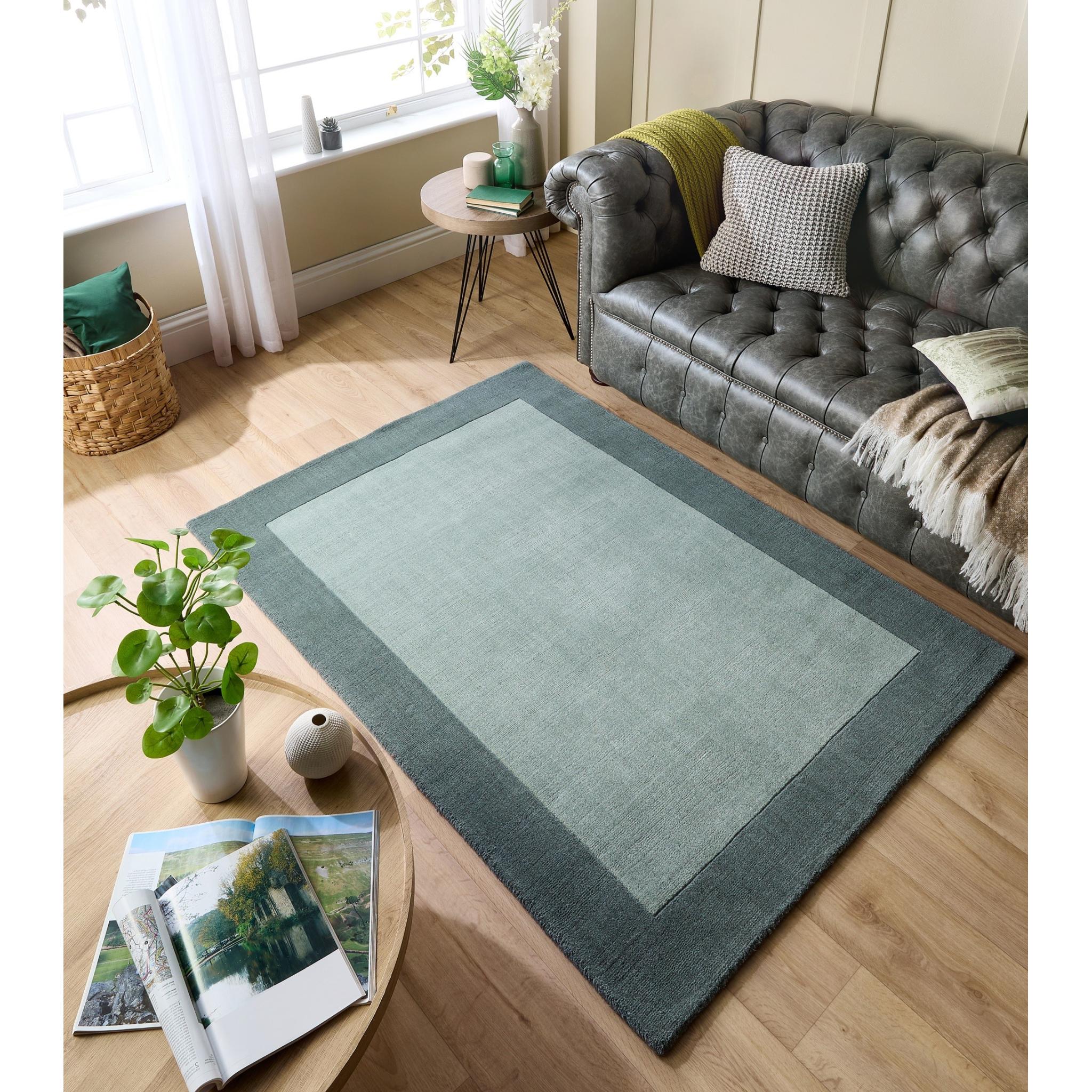 Origins Borders Hand Loom Woven Wool Bordered Rug Hallway in Sage Green Small 80x150 cm (2'6"x5')