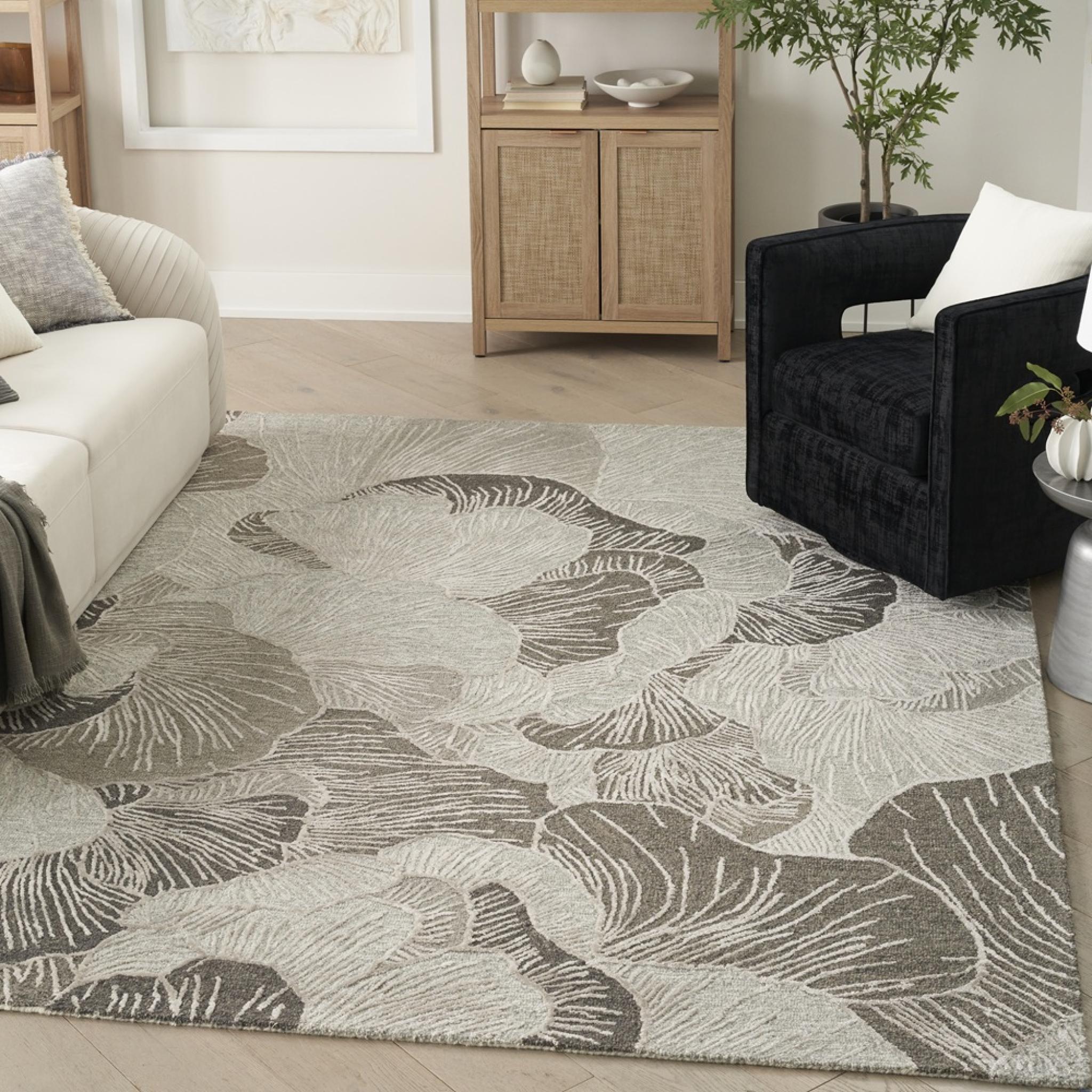 Avra AVR01 Handmade Grey Floral Hand Tufted Botanical Design Wool Rayon Rug by Nourison Large 160x221 cm (5'3"x7'3")