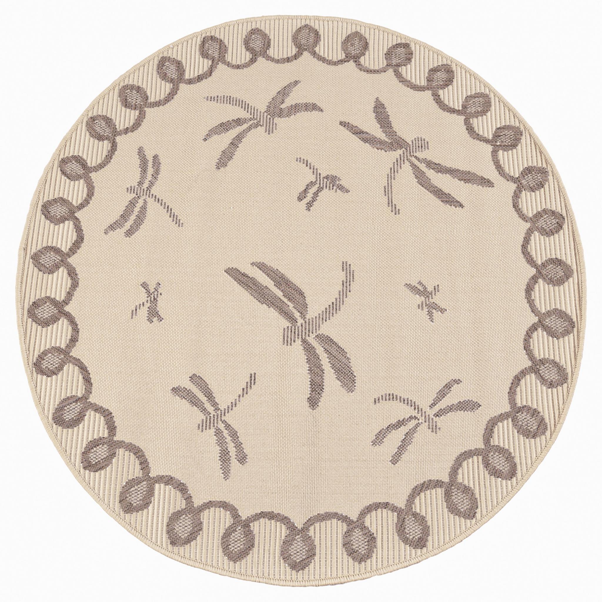 Terrace Dragonfly Outdoor Bordered Rug Round in Natural Taupe 120x120cm (4x4') Round