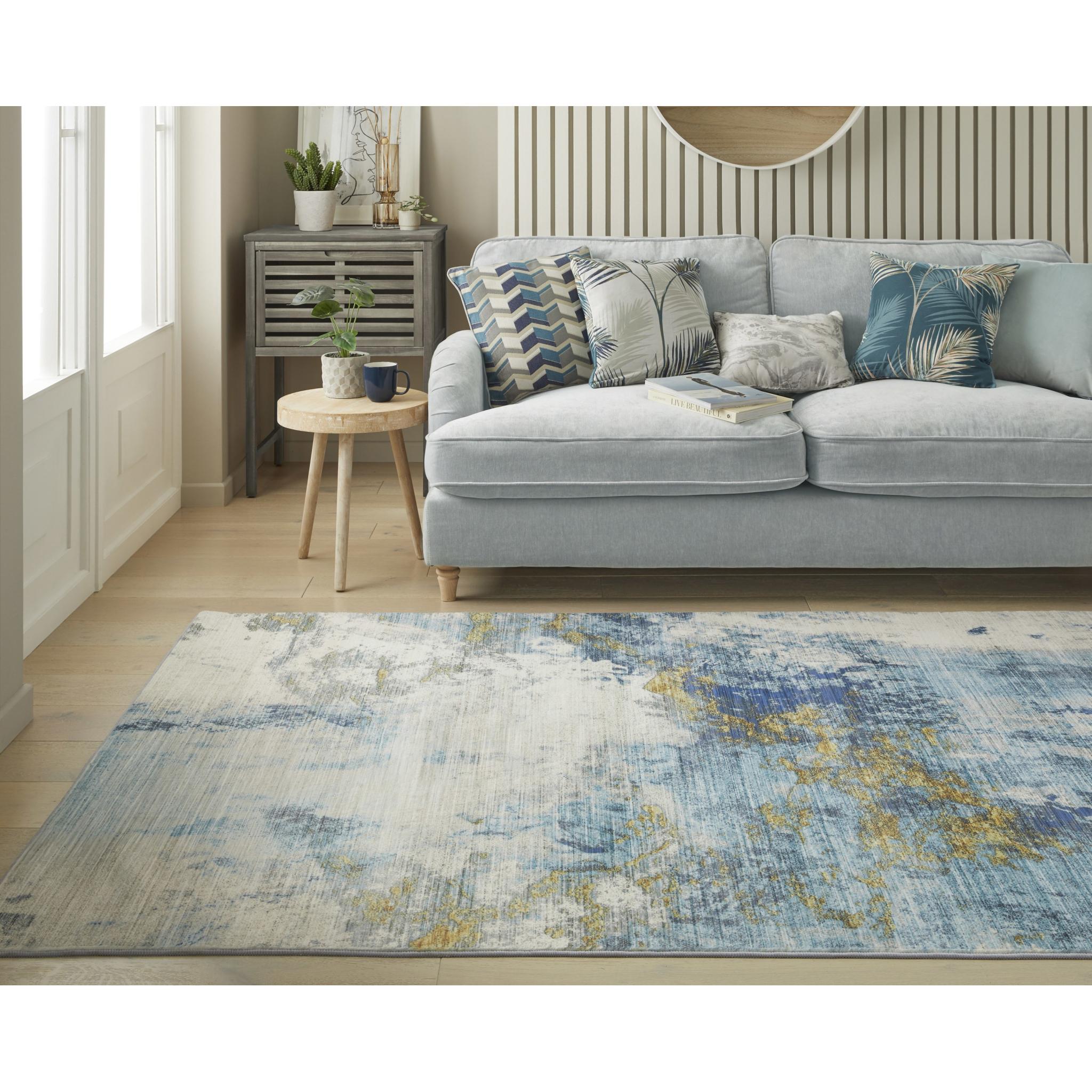 Lux Washable LUX04 Modern Abstract Non-Slip Machine Washable Rug in Blue Gold Medium 120x180 cm (4'x6')
