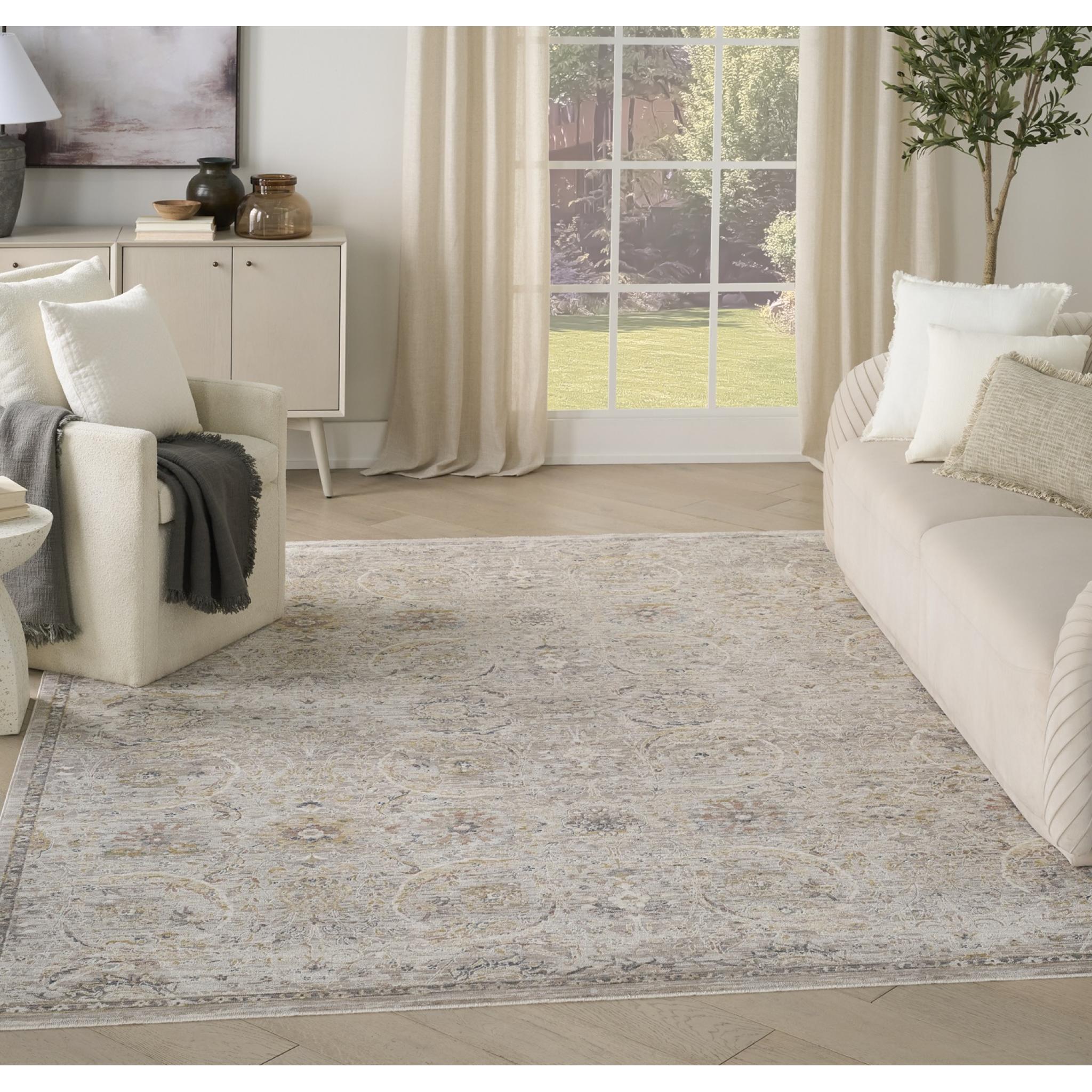 Antique Fusion ANF03 Traditional Abstract Fringed Bordered Medallion Light Grey Rug Large 160x239 cm (5'3"x7'10")