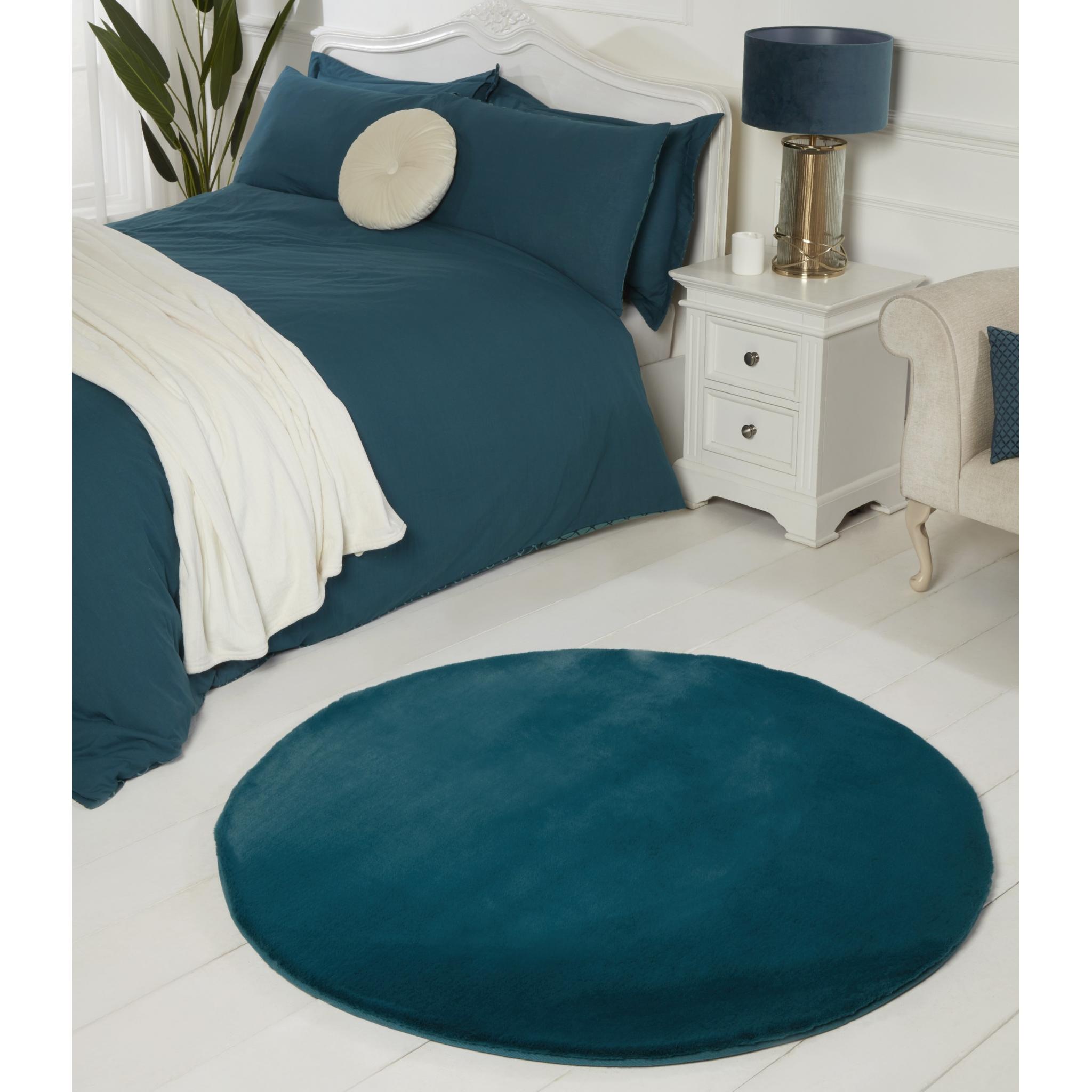 Luxe Faux Fur Plain Super Soft Shaggy Rug in Teal Circle 133x133 cm (4'5"x4'5")
