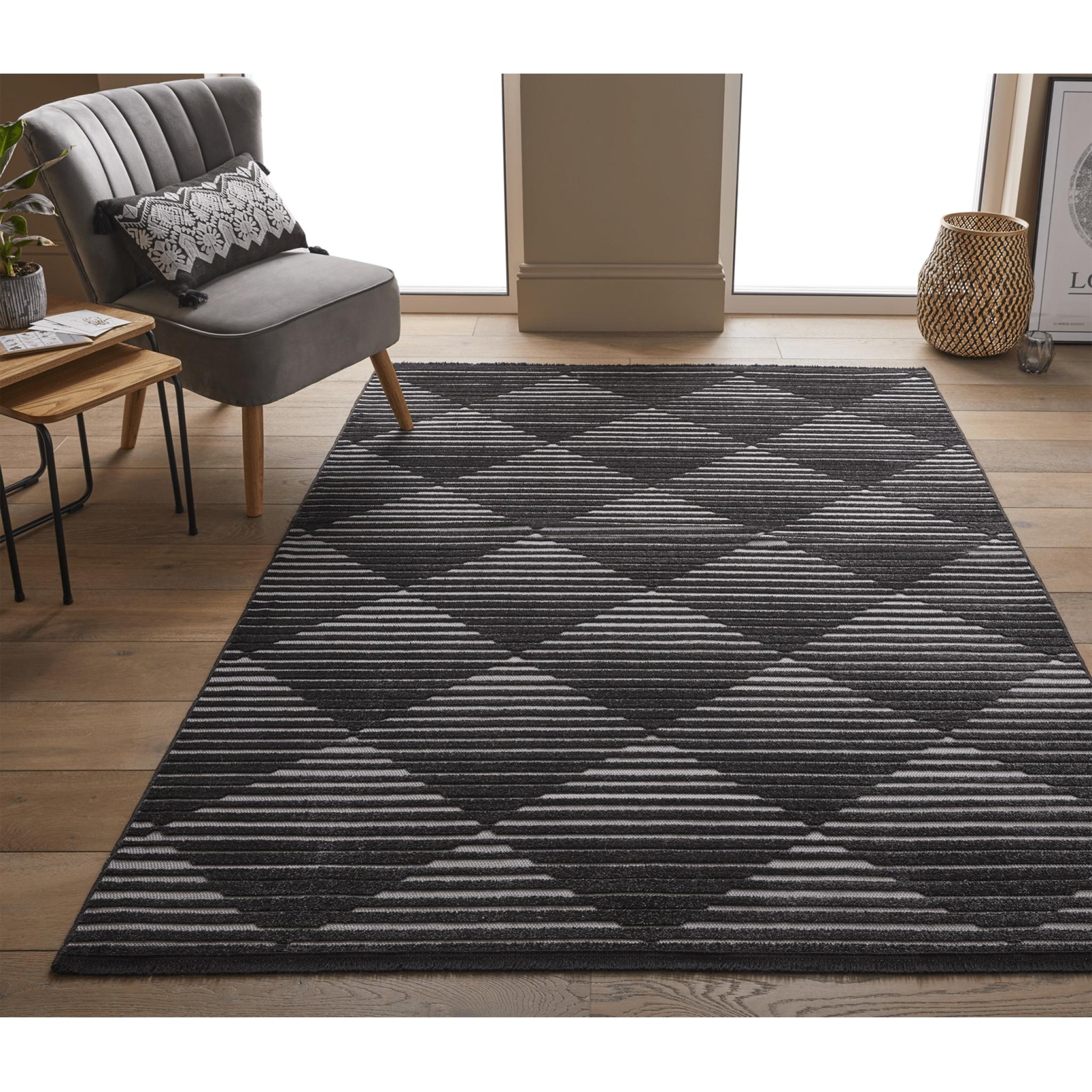 Jazz Indoor Outdoor Rug Garden Bedroom Living Room Patio Geometric Flatweave Rug by Concept Looms JAZ09 Grey Black Large 160x220 cm (5'3"x7'6")