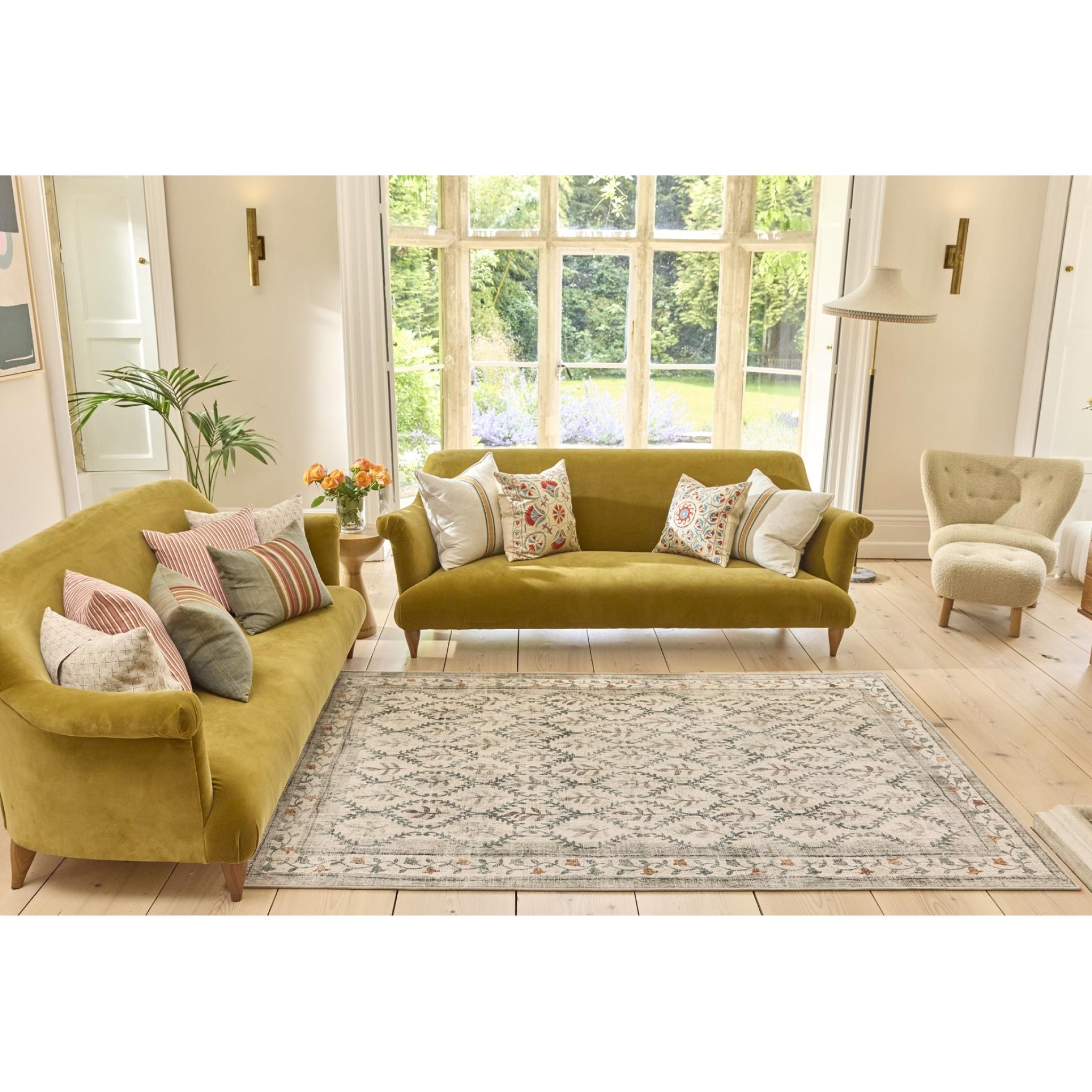 Hug Rug Eco-Washable English Garden Non-Slip Rug in Cream Beige Green Medium 120x185 cm (4'x6'2")