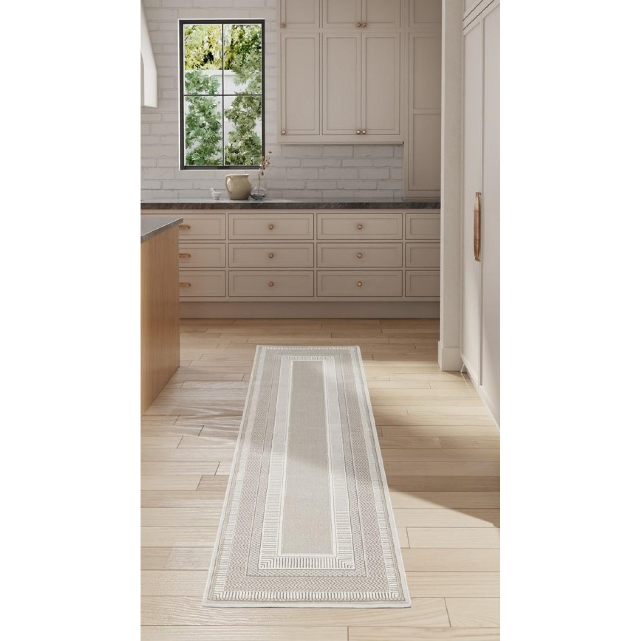 Glitz GLZ07 Modern Classic Geometric Framed Border Soft Silky Shimmer Ivory White Rug Runner by Nourison Runner 66x229 cm (2'3"x7'6")