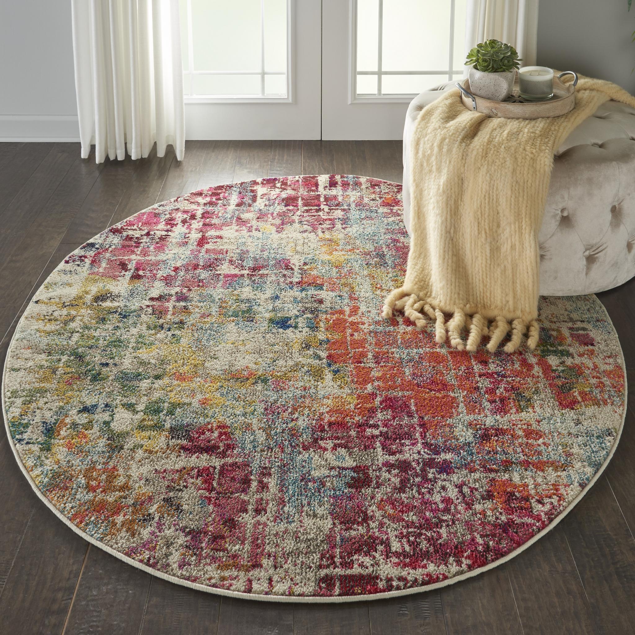Celestial CES13 Modern Abstract Pictorial Pink Multicolour Rug by Nourison Round 122x122 cm (4'x4')
