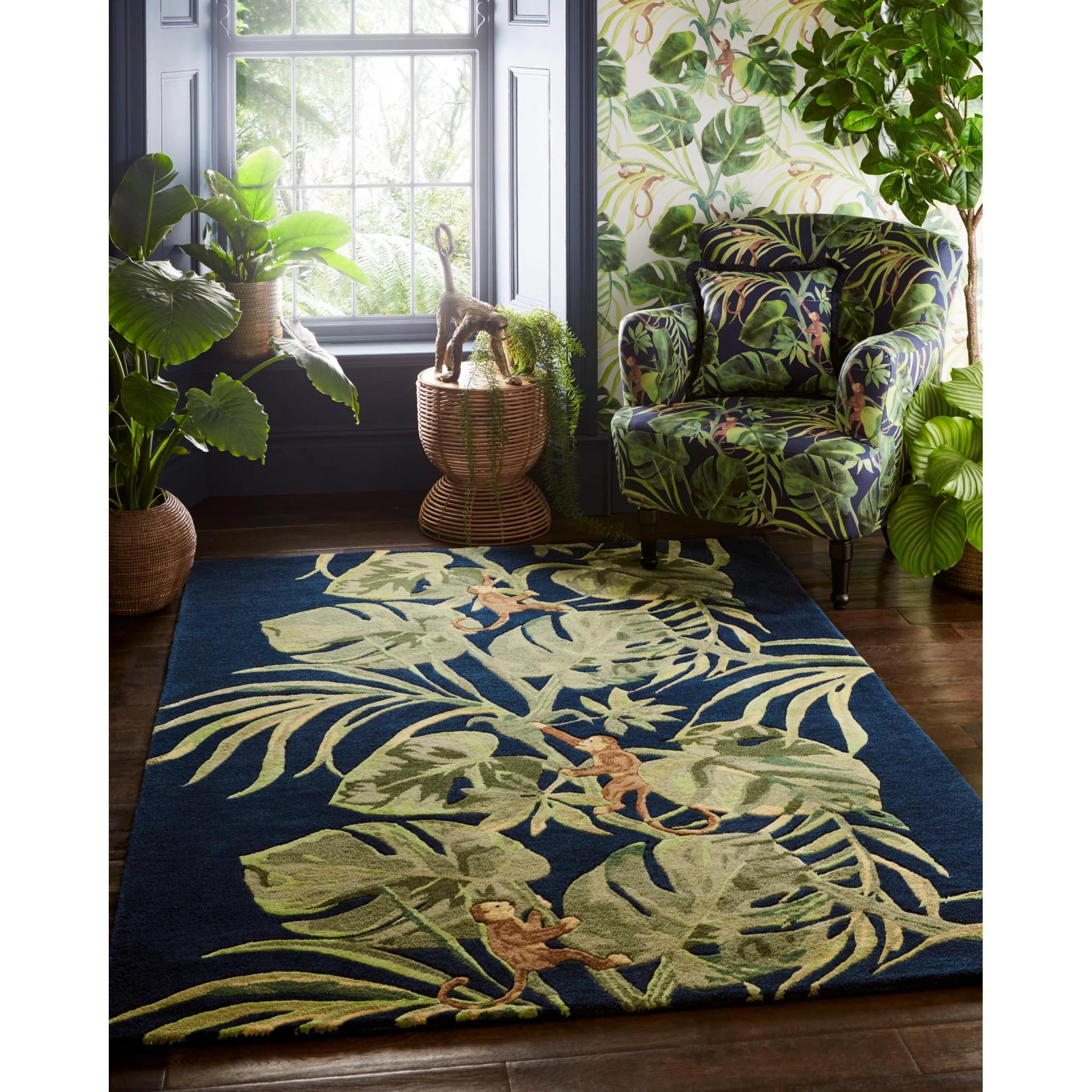 Monkey Business Botanical Wool Viscose Rug by Clarke & Clarke Hand Tufted Quality Rug in Indigo Blue X-Large 200x290 cm (6'7"x9'6")