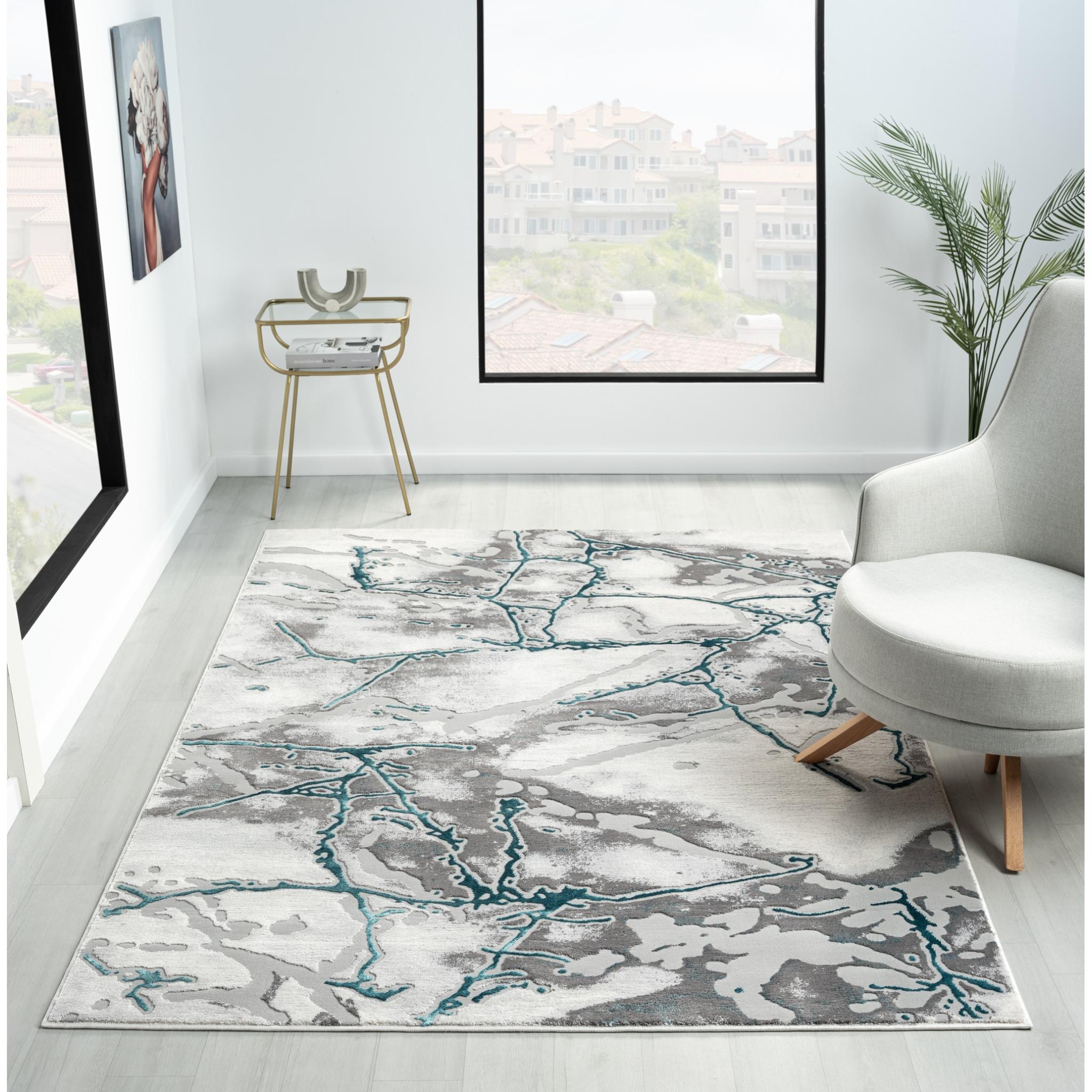 Bianco 185KB Modern Marbled Abstract Grey Cream Blue Rug & Hall Runner Small 80x150 cm (2'6"x5')