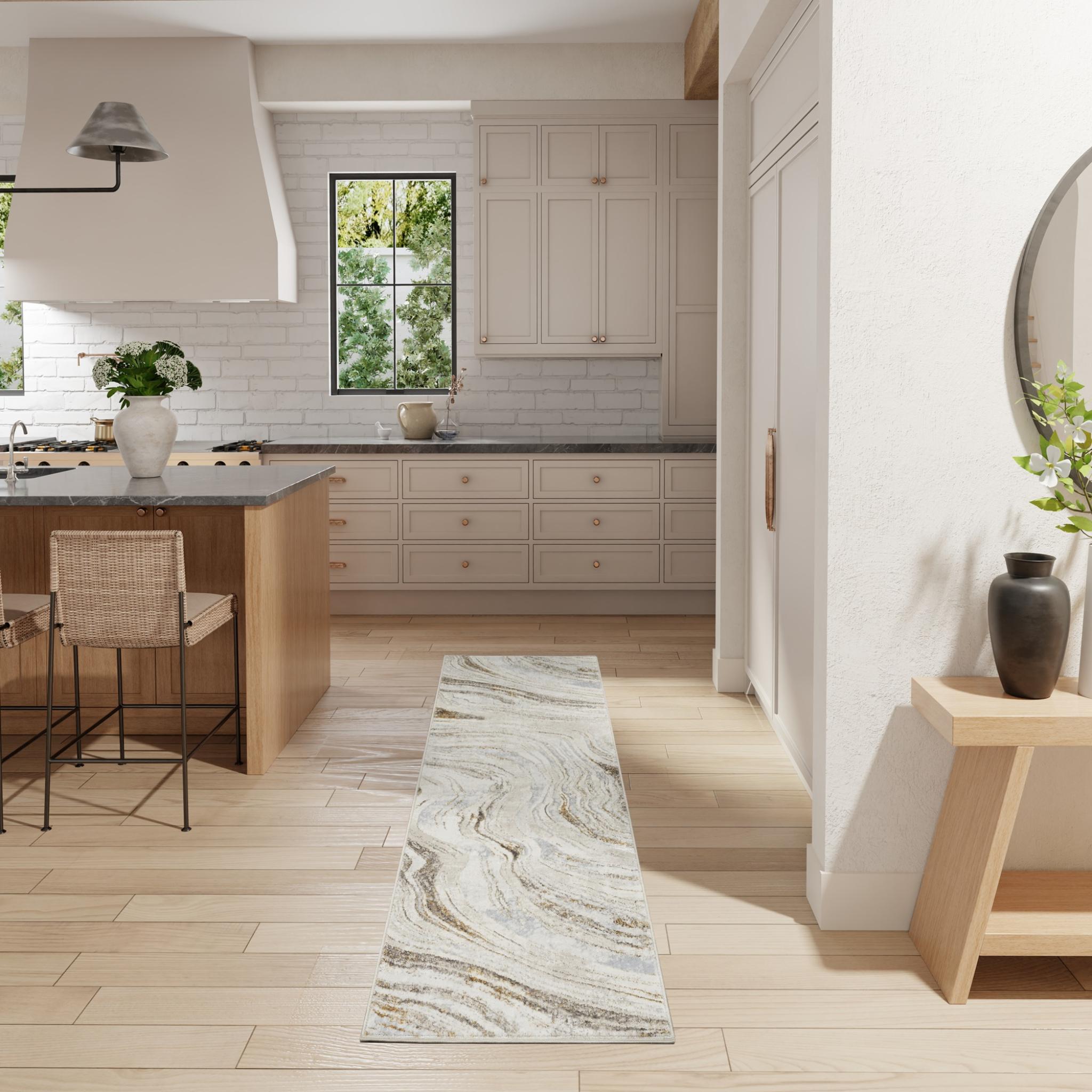 Glitz GLZ22 Modern Abstract Marble Soft Silky Shimmer Grey Gold Rug Runner by Nourison Runner 66x229 cm (2'3"x7'6")