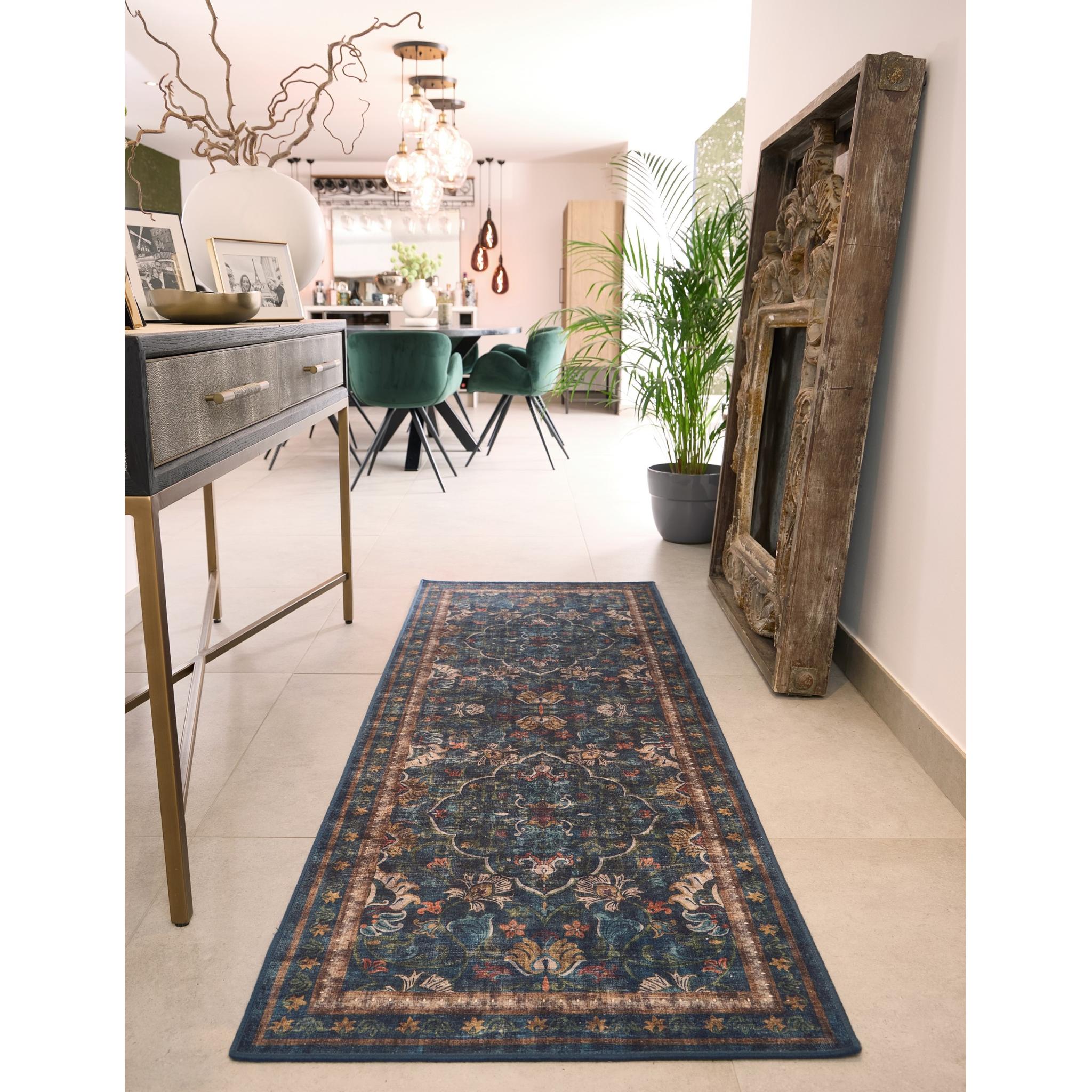 Hug Rug Eco-Washable Traditional Midnight Paisley Non-Slip Rug in Dark Blue Green Runner 75x220 cm (2'5"x7'3")