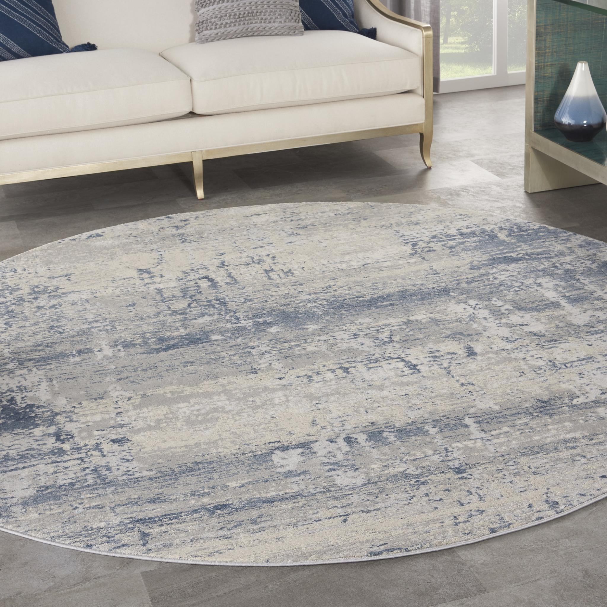 Rustic Textures RUS10 Modern Abstract Rug in Ivory Blue Round Large 160x160 cm (5'3''x5'3'')