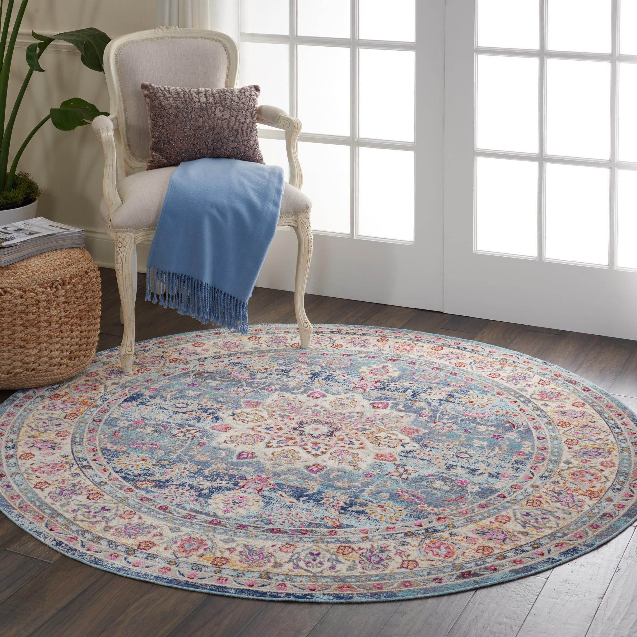 Nourison Vintage Kashan VKA01 Traditional Rug Bedroom Living Room Oriental Classic Round Rug in Blue Round 122x122 cm (4'x4')