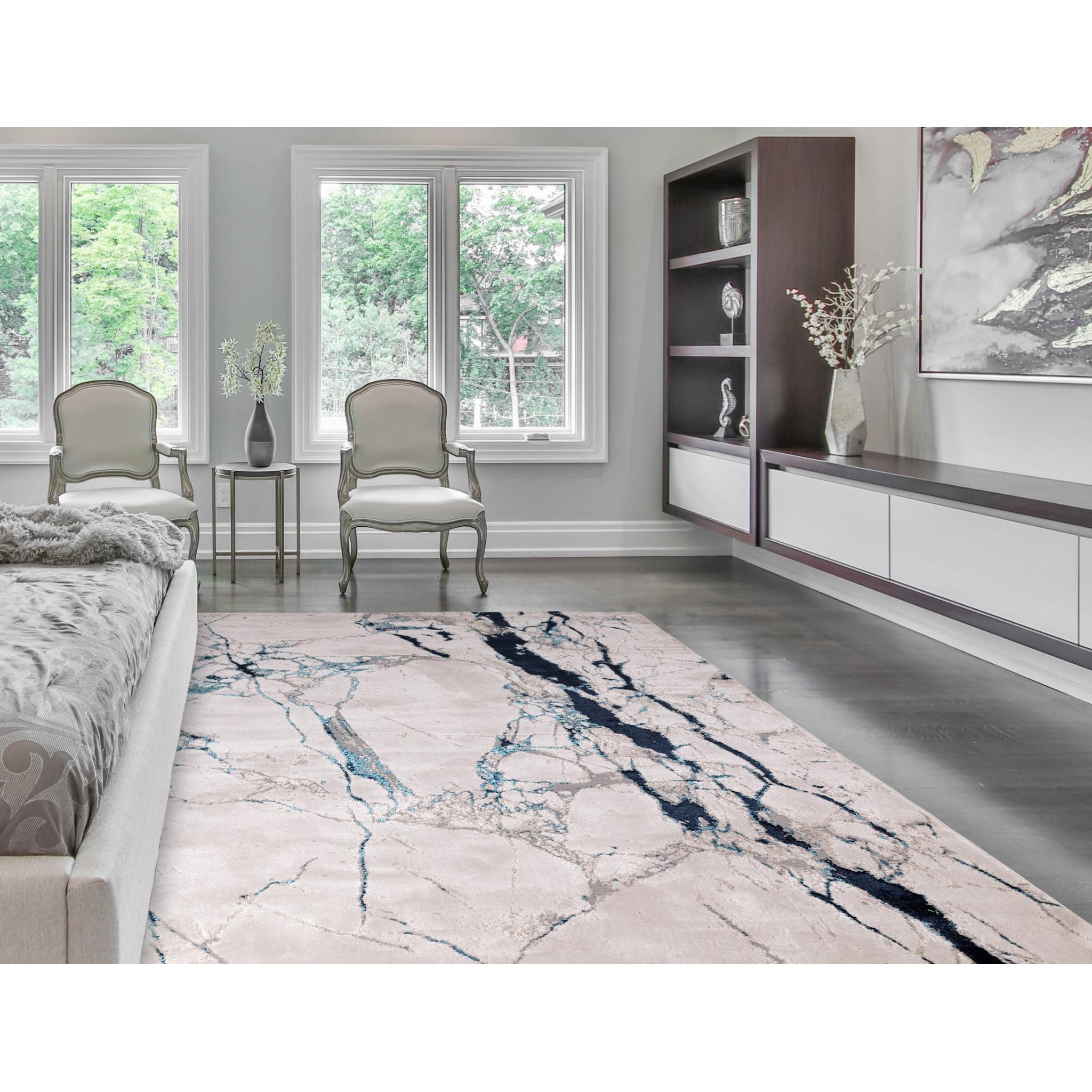 Aurora Quake AU22 Artistic Modern Marbled Shiny Blue Grey Rug 160x230cm (5'3"x7'7")