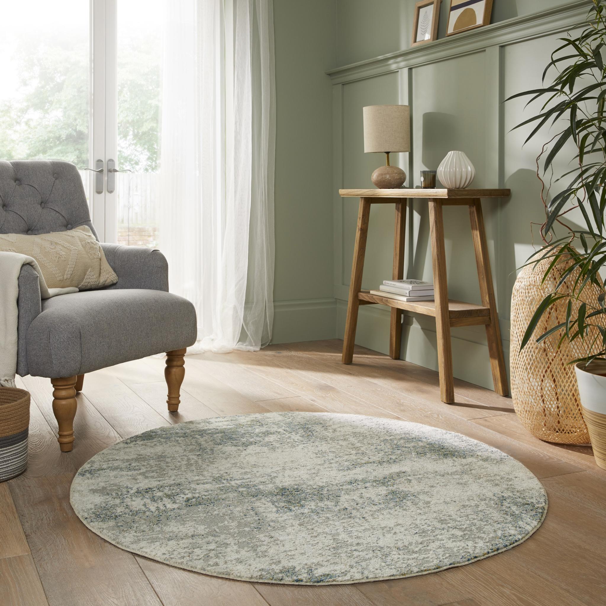 Rossa ROS03 Modern Abstract Rug in Ivory Green Circle 130x130 cm (4'3"x4'3")