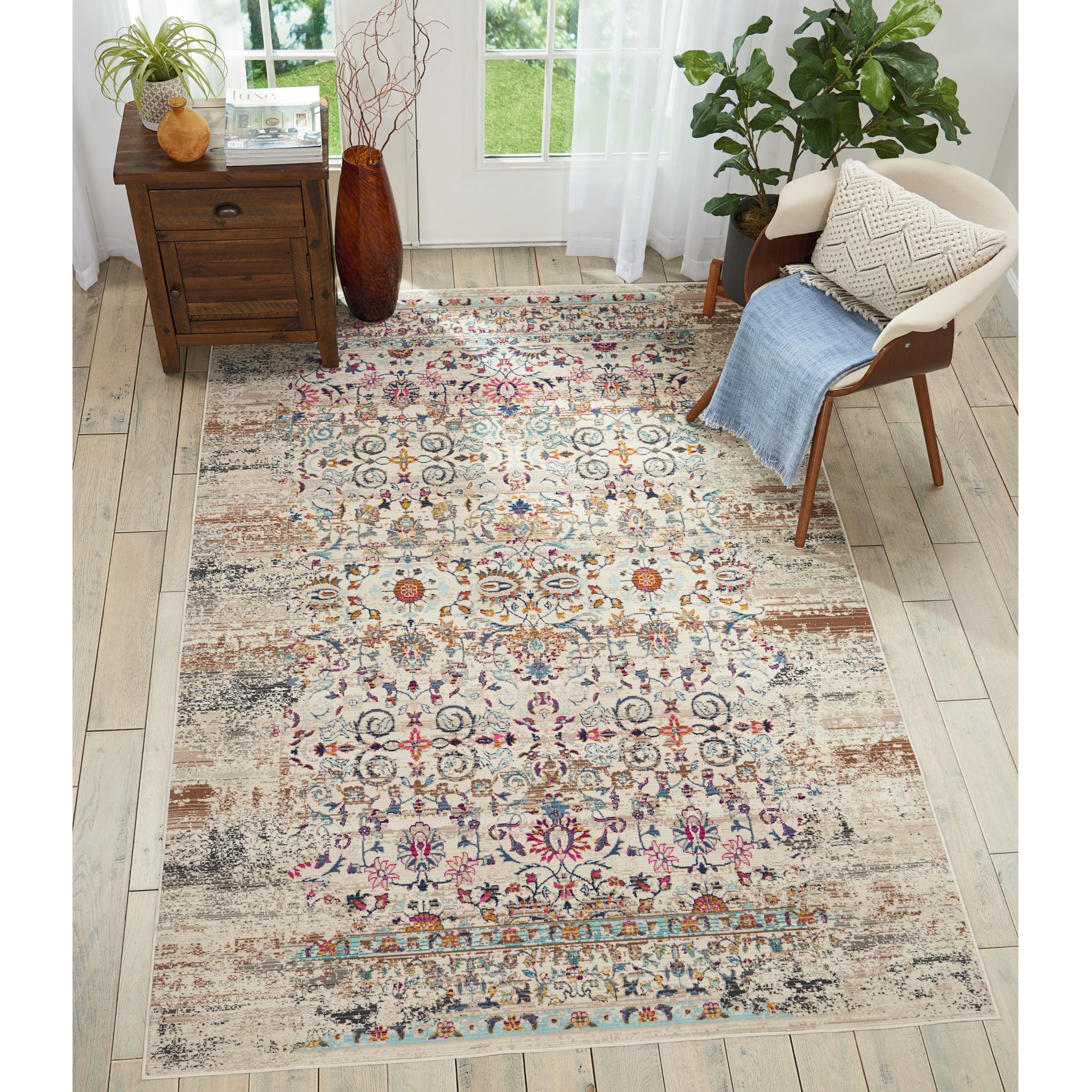 Vintage Kashan VKA02 Traditional Rug Distressed Floral Oriental Modern Classic Ivory Rug Medium 121x173 cm (4'x6')