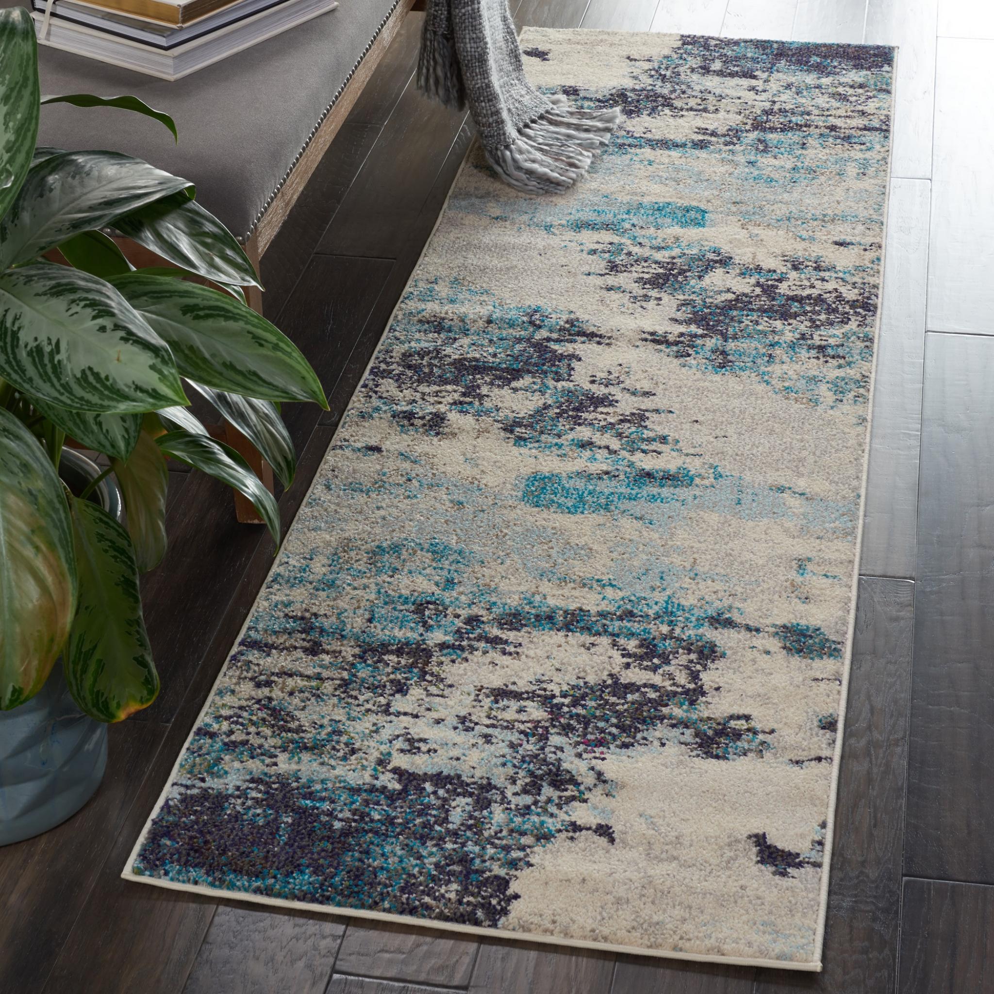 Celestial CES02 Modern Abstract Ivory Teal Blue Rug by Nourison Runner 66x229 cm (2'2"x7'6")