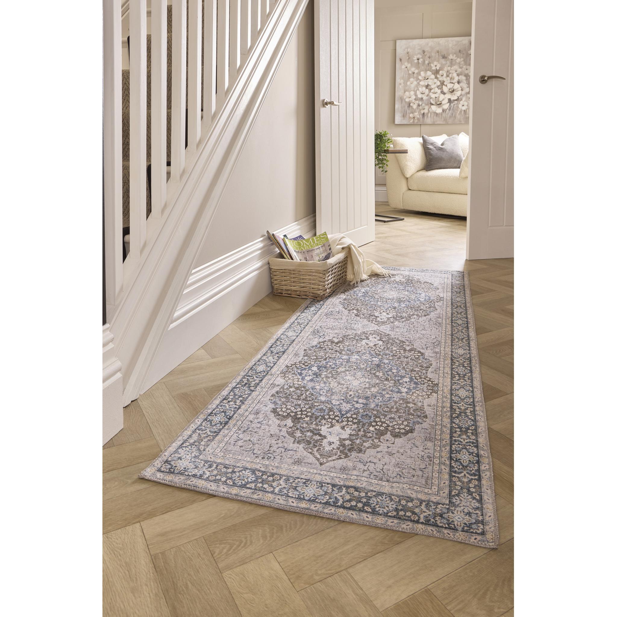 Origins Washable Oakham Traditional Medallion Soft Chenille Rug in Teal Grey Multi Runner 67x200 cm (2'2"x6'7")