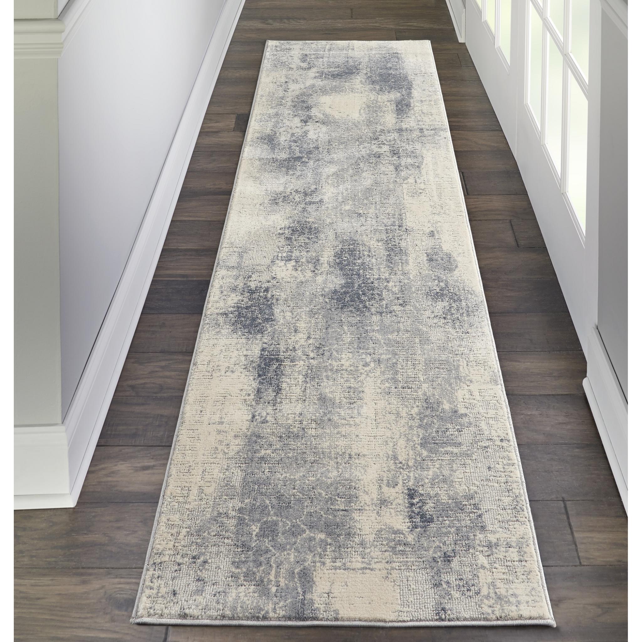 Rustic Textures RUS02 Modern Abstract Rug in Blue Ivory Runner 66x236 cm (2'2''x7'6'')