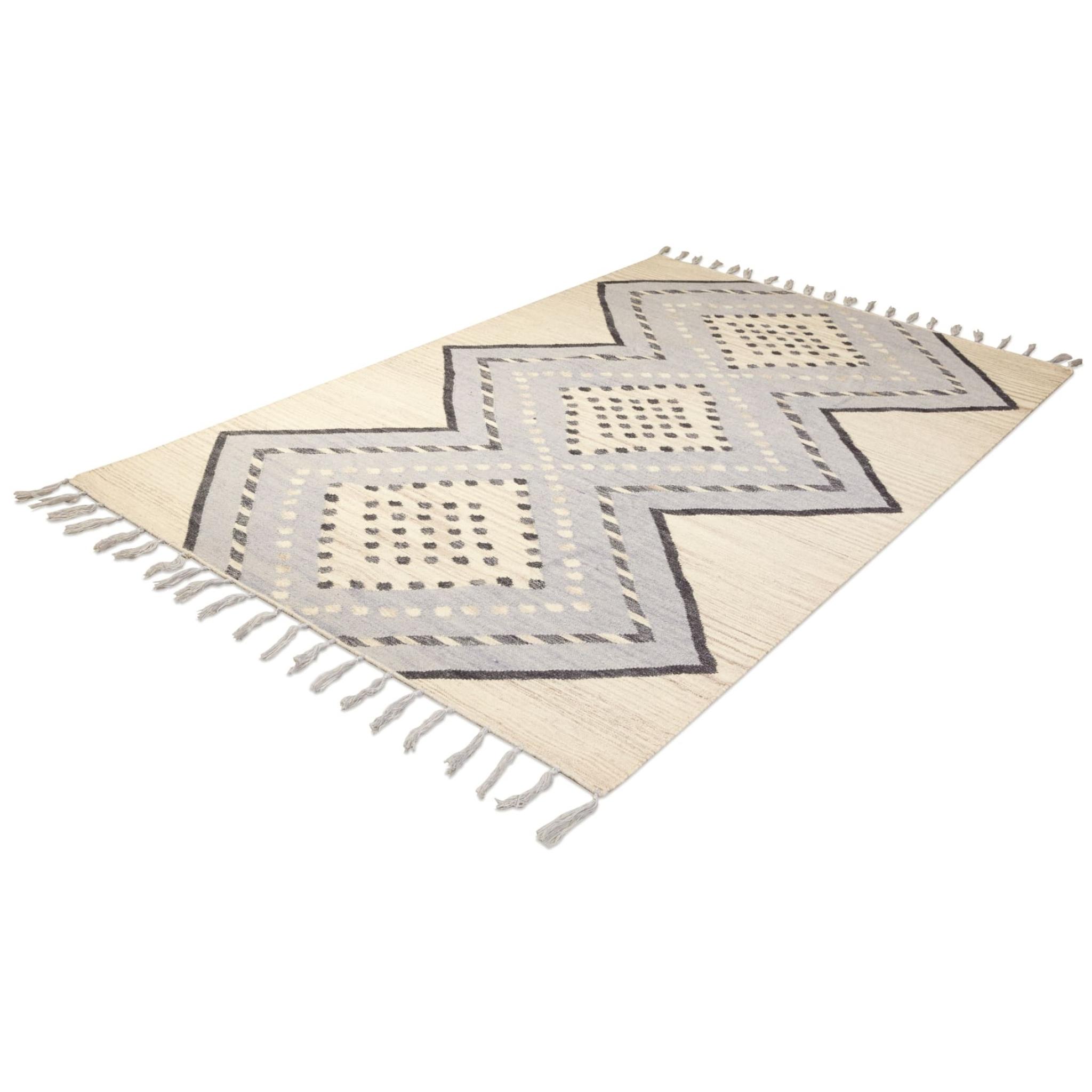 Modern Hand Woven Flatweave Wool Diamond Tribal Berber Kilim Tasseled Jazmin JZM04 Organic Grey Rug Medium 120x170 cm (4'x5'6")