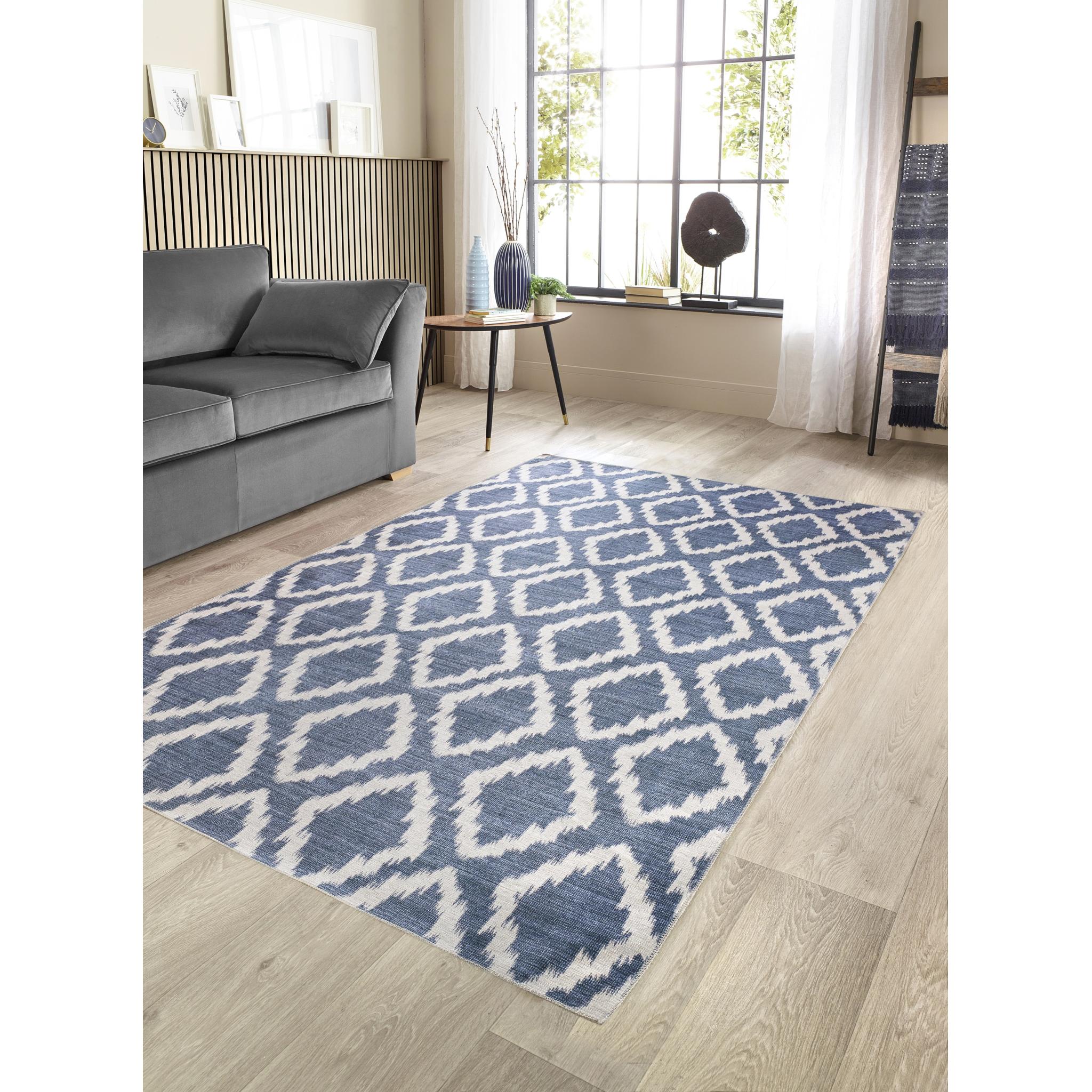 Origins Washable Como Diamond Soft Chenille Bohomian Rug in Blue Small 80x150 cm (2'6"x5')