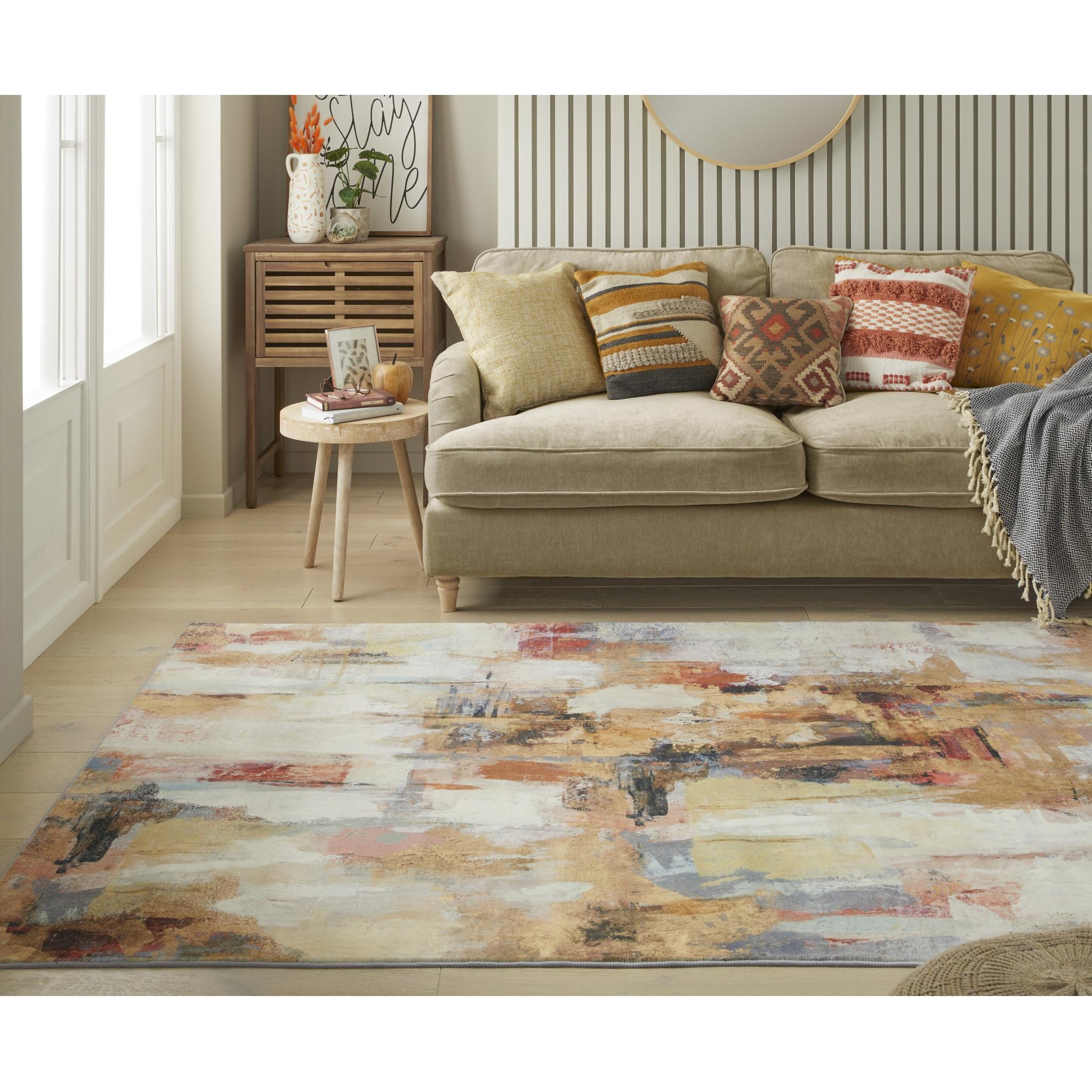 Lux Washable LUX03 Modern Abstract Non-Slip Machine Washable Rug in Beige Multi Medium 120x180 cm (4'x6')