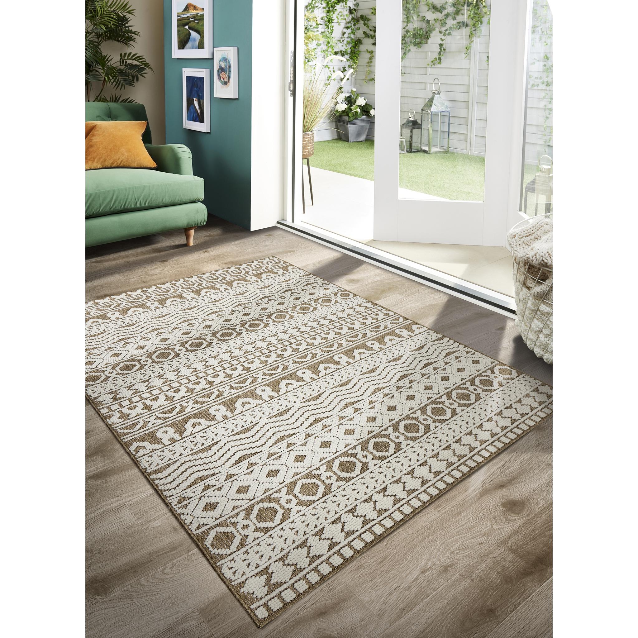 Atlas Graphic Tribal Geometric Flatweave Outdoor Indoor Rug in Coffee Brown Large 160x230 cm (5'3"x7'7")