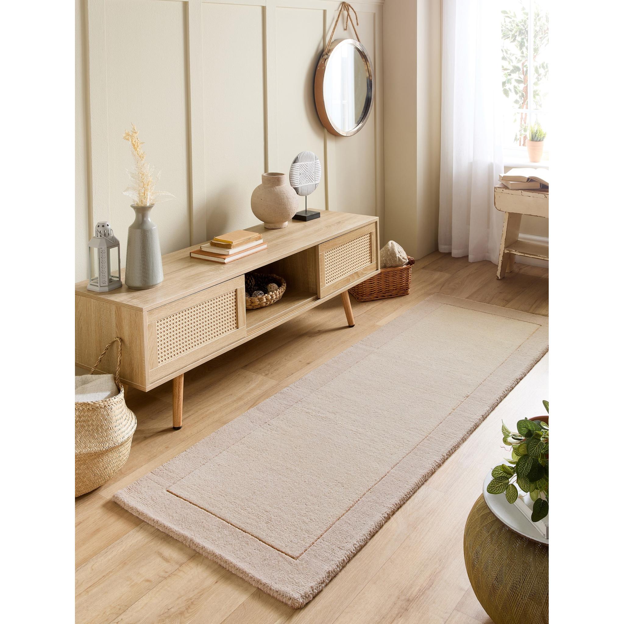 Origins Borders Hand Loom Woven Wool Bordered Rug Hallway in Natural Beige Runner 67x200 cm (2'2"x6'7")