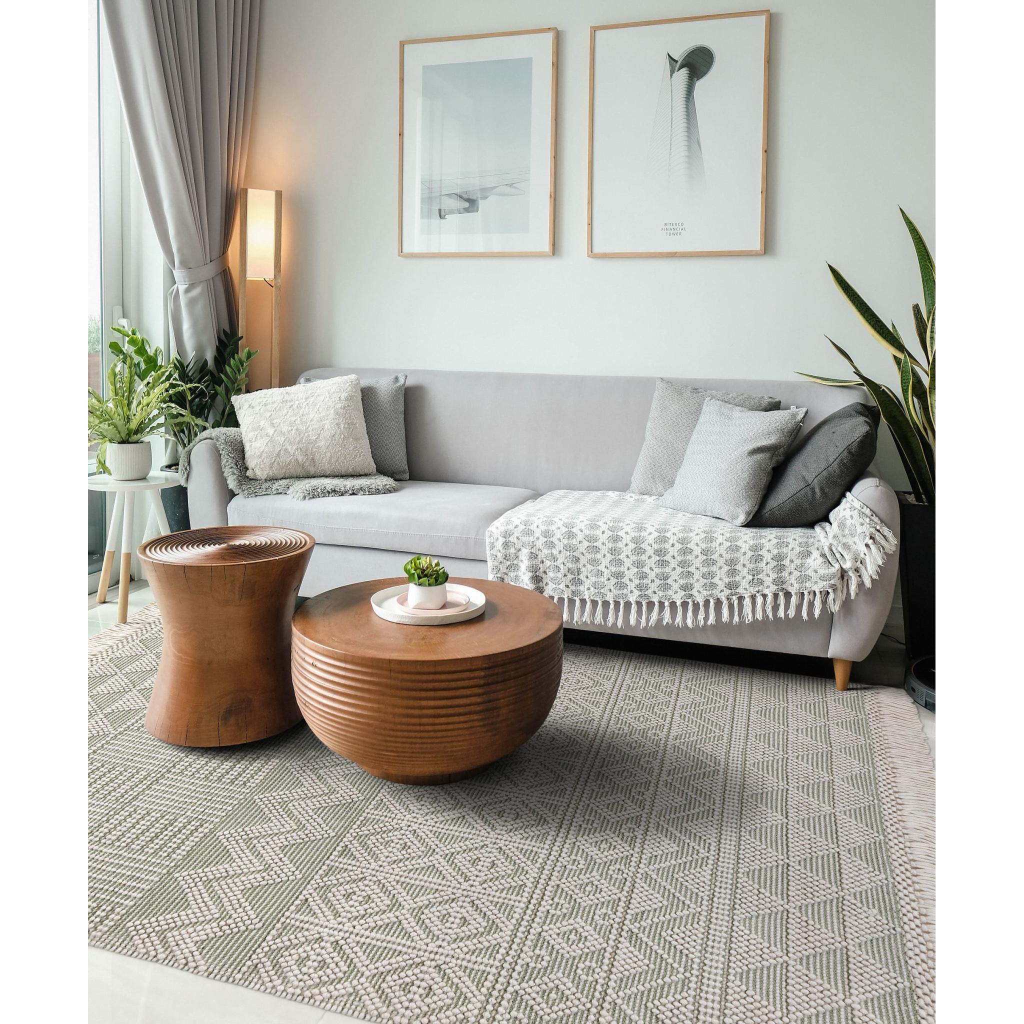 Anya ANR01 Rug Hand Made Wool Geometric Traditional Modern Bohomian Tribal Fringed Rug in Ivory Mint Medium 120x170 cm (4'x5'6")