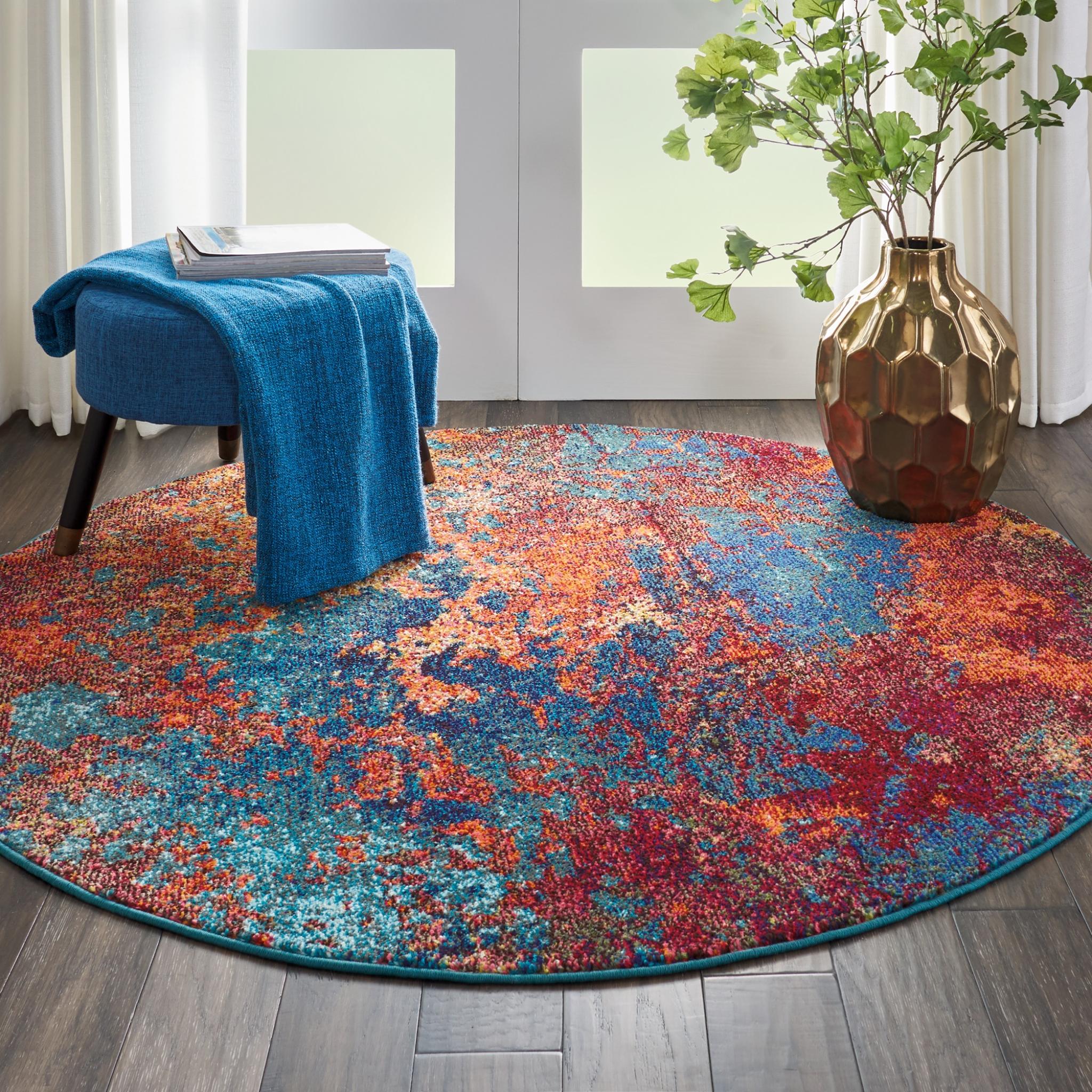 Celestial CES08 Modern Abstract Pictorial Blue Gold Yellow Multi Rug by Nourison Round 122x122 cm (4'x4')