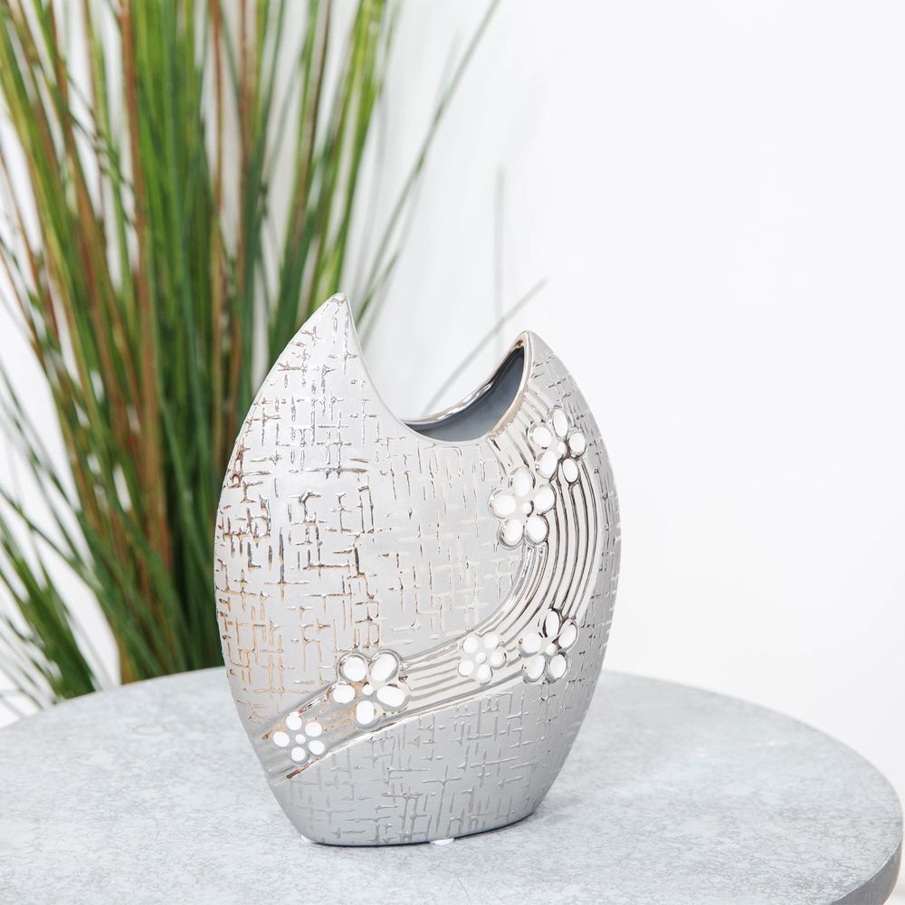 Ceramic Gunmetal Oval Vase with White Flowers