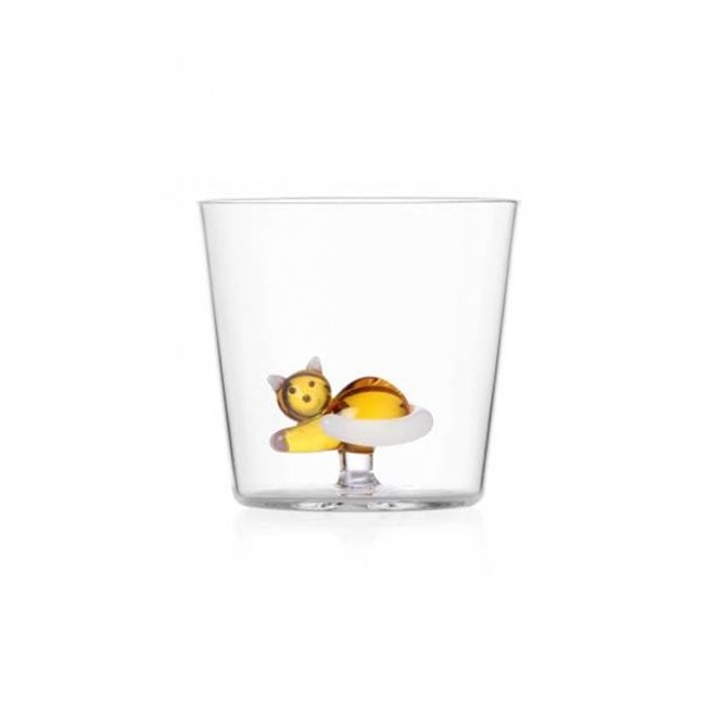 Amber Cat with White Tail Lying Down Glass Tumbler
