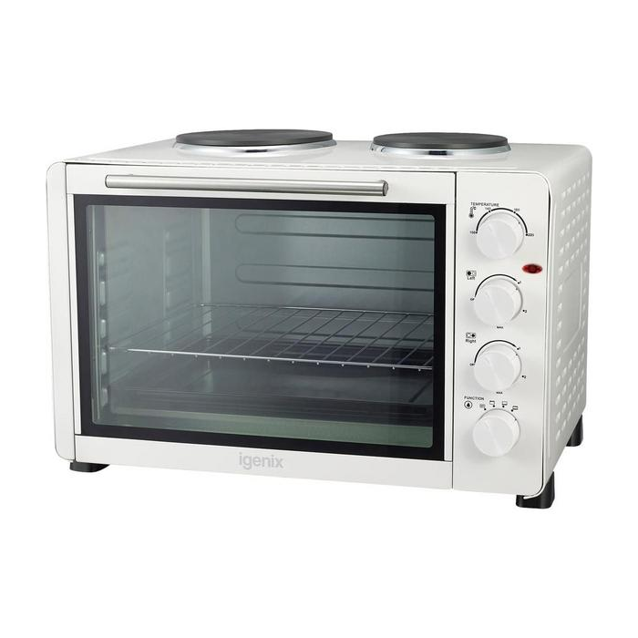 Igenix IG7145 NEW Mini Oven Double Hotplate Hob & Baking Tray 45L 1500w White