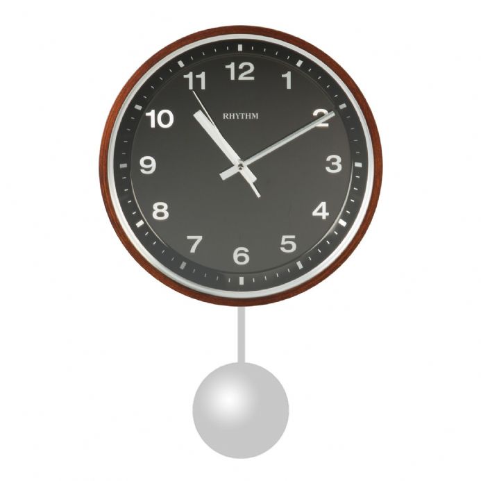 Rhythm Black Round Pendulum Wall Clock with Chrome Bezel