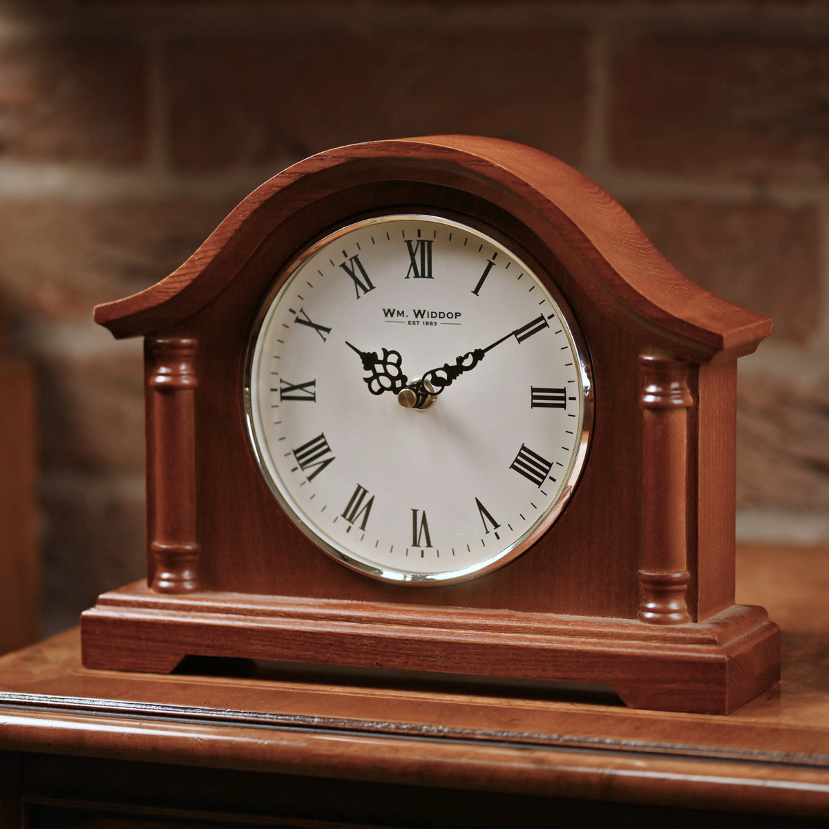 WM. Widdop Broken Arch Walnut Mantel Clock with Roman Numerals