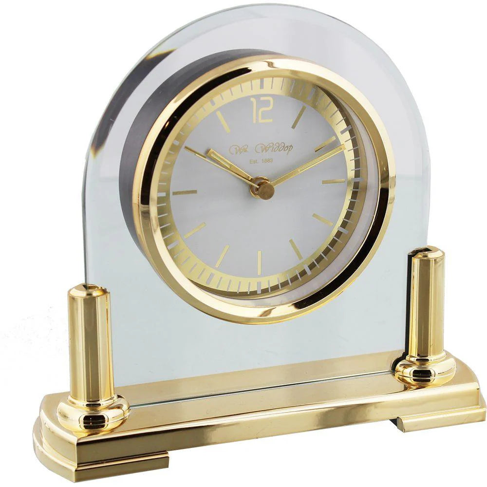 Wm.Widdop Glass Mantel Clock 2 Tone Dial Gold Stand