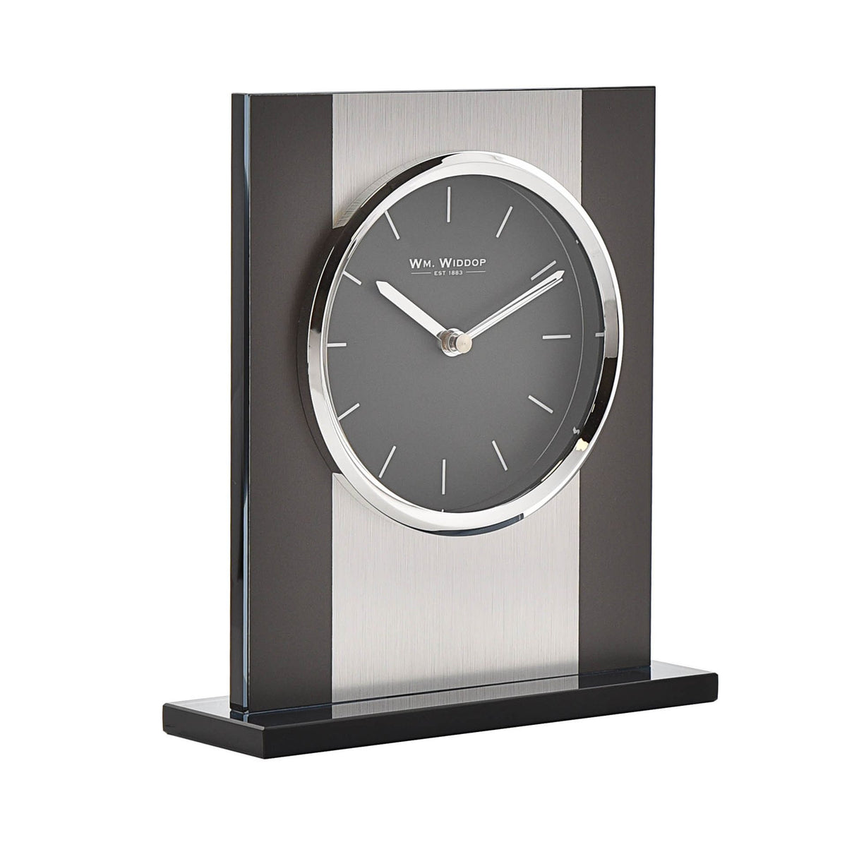 WM. Widdop Black Glass and Brushed Aluminium Mantel Clock